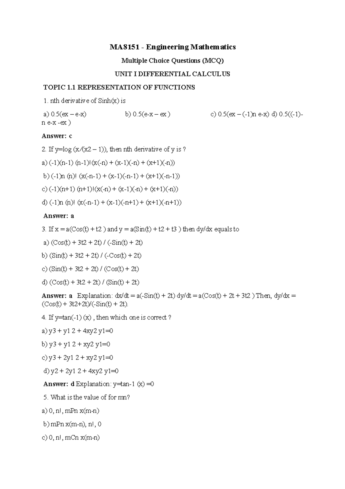 Engineering Maths Differential Calculus(MCQ) MA8151 Engineering