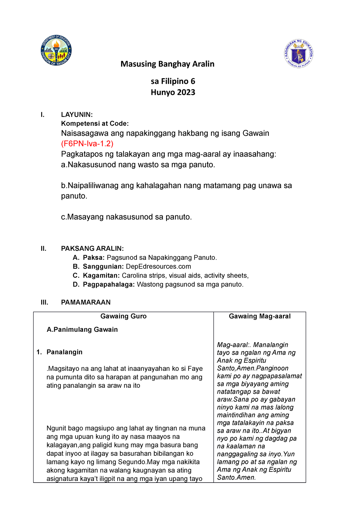 Lesson PLAN - Sa Filipino 6 Copy - Masusing Banghay Aralin Sa Filipino ...