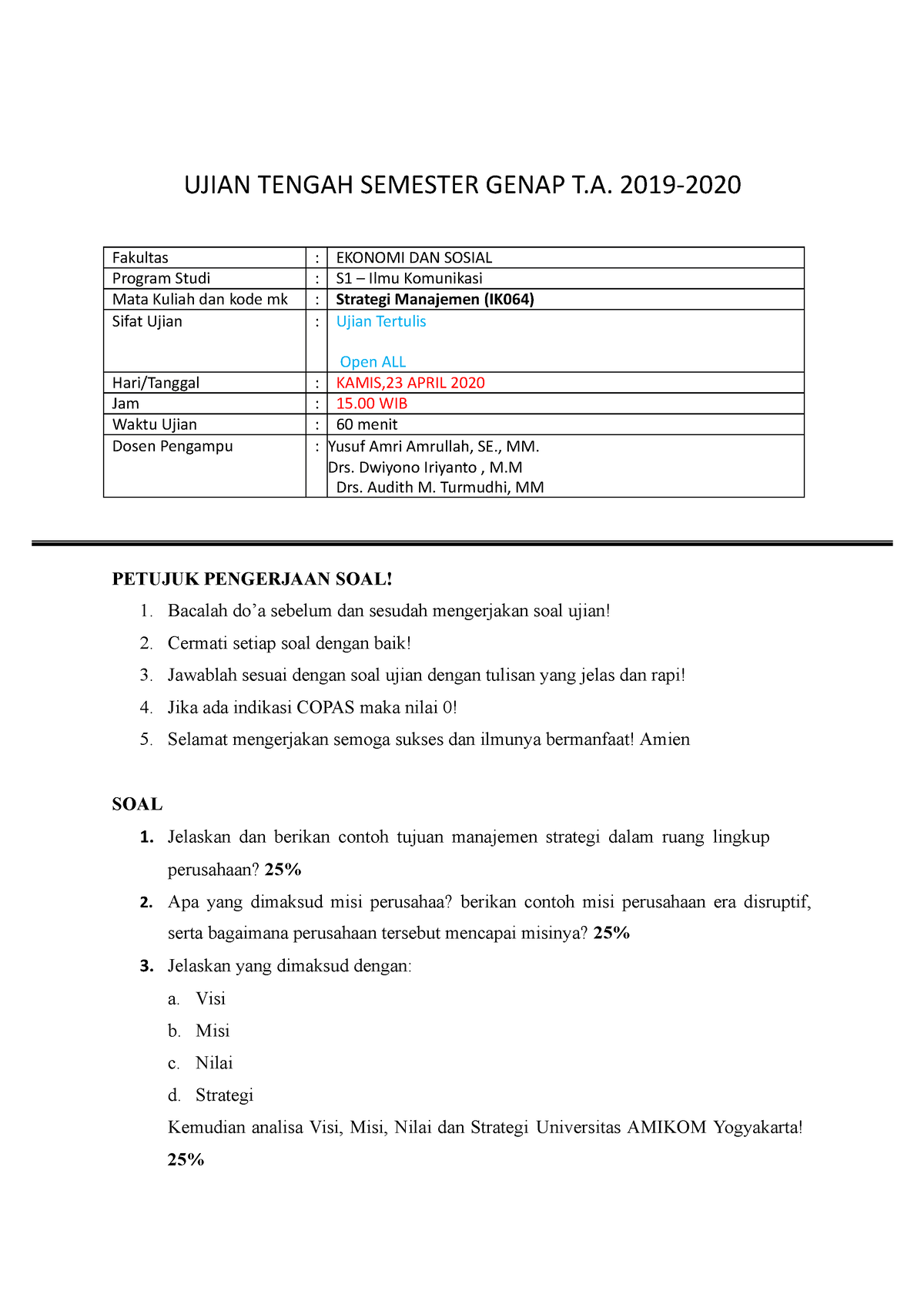 Soal Ujian Tengah Semester Strategi Manajemen - UJIAN TENGAH SEMESTER ...