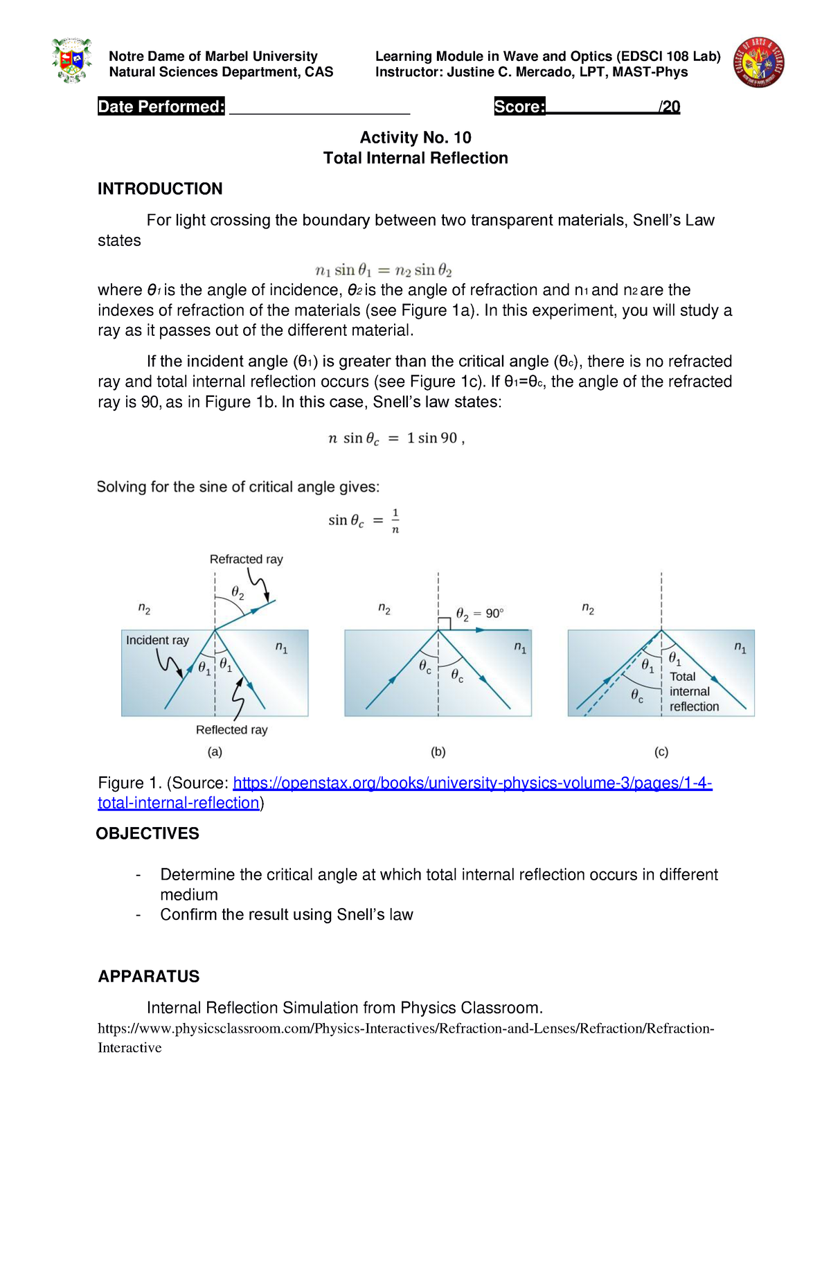 Total Internal Reflection - Natural Sciences Department, CAS Instructor ...