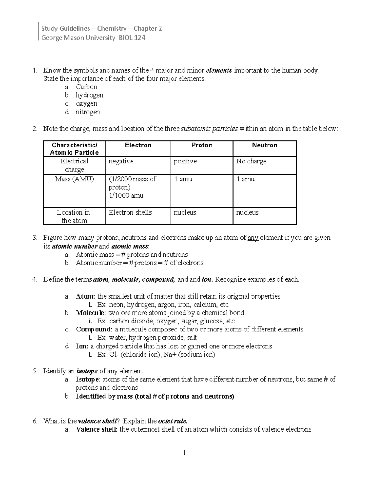 Chemistry Study Guide BIOL 124 Exam 1 - George Mason University- BIOL ...