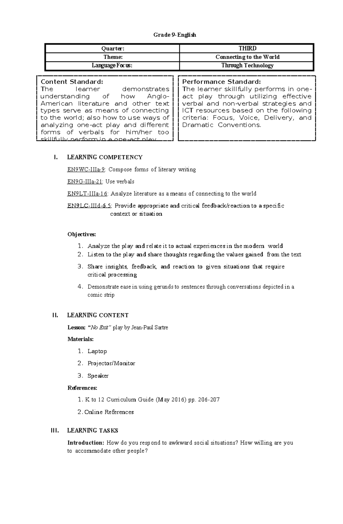 Lesson Exemplar - Grade 9-English Quarter: THIRD Theme: Connecting to ...