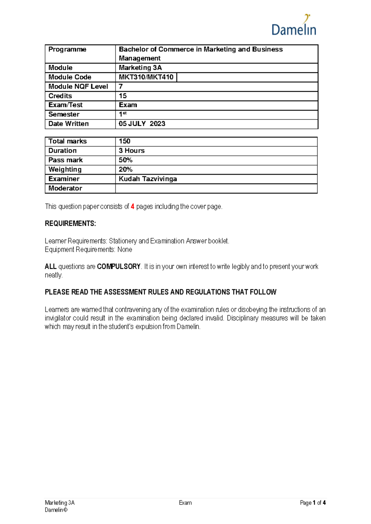 BCom MBM Marketing 3A - Marketing 3A Exam Page 1 of 4 Programme ...