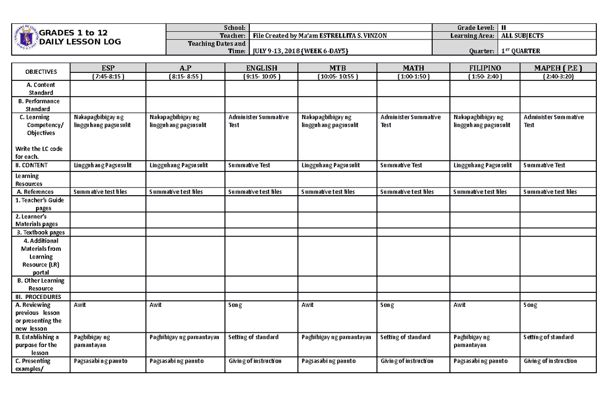 Dll All Subjects 2 Q1 W6 D5 Grades 1 To 12 Daily Lesson Log School Grade Level Ii Teacher 9477