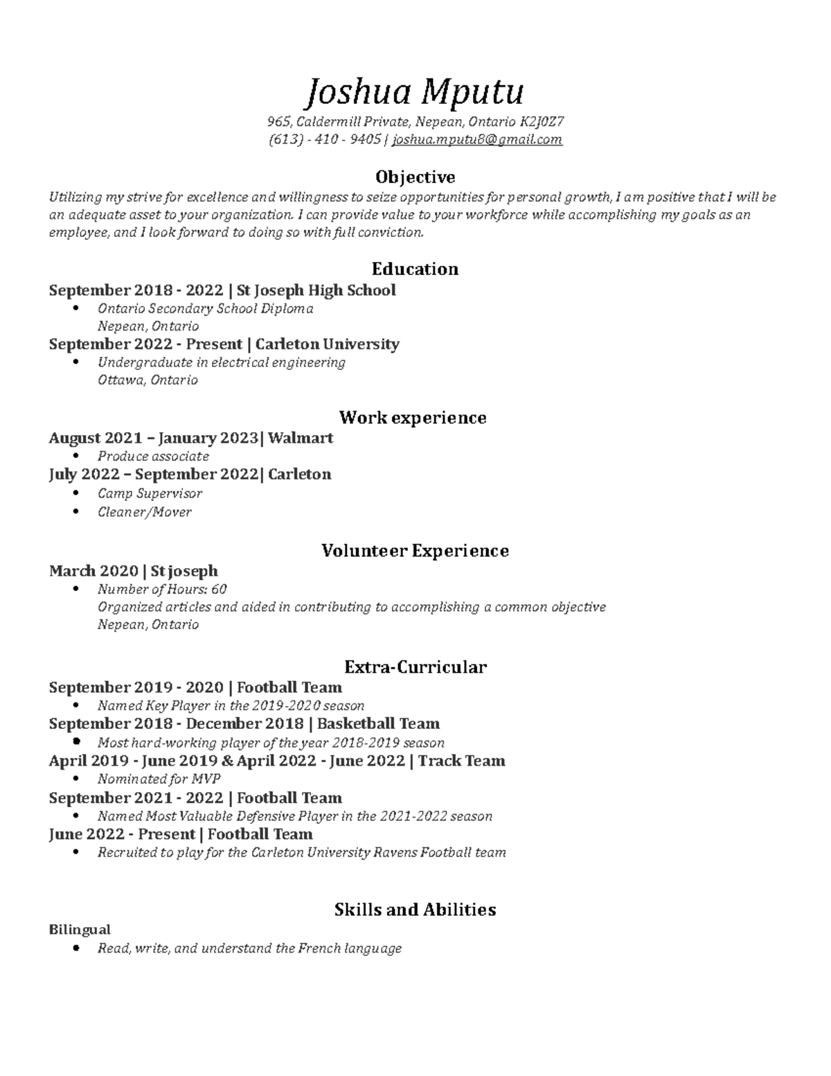 Joshua Mputu Resume - Joshua Mputu 965, Caldermill Private, Nepean ...