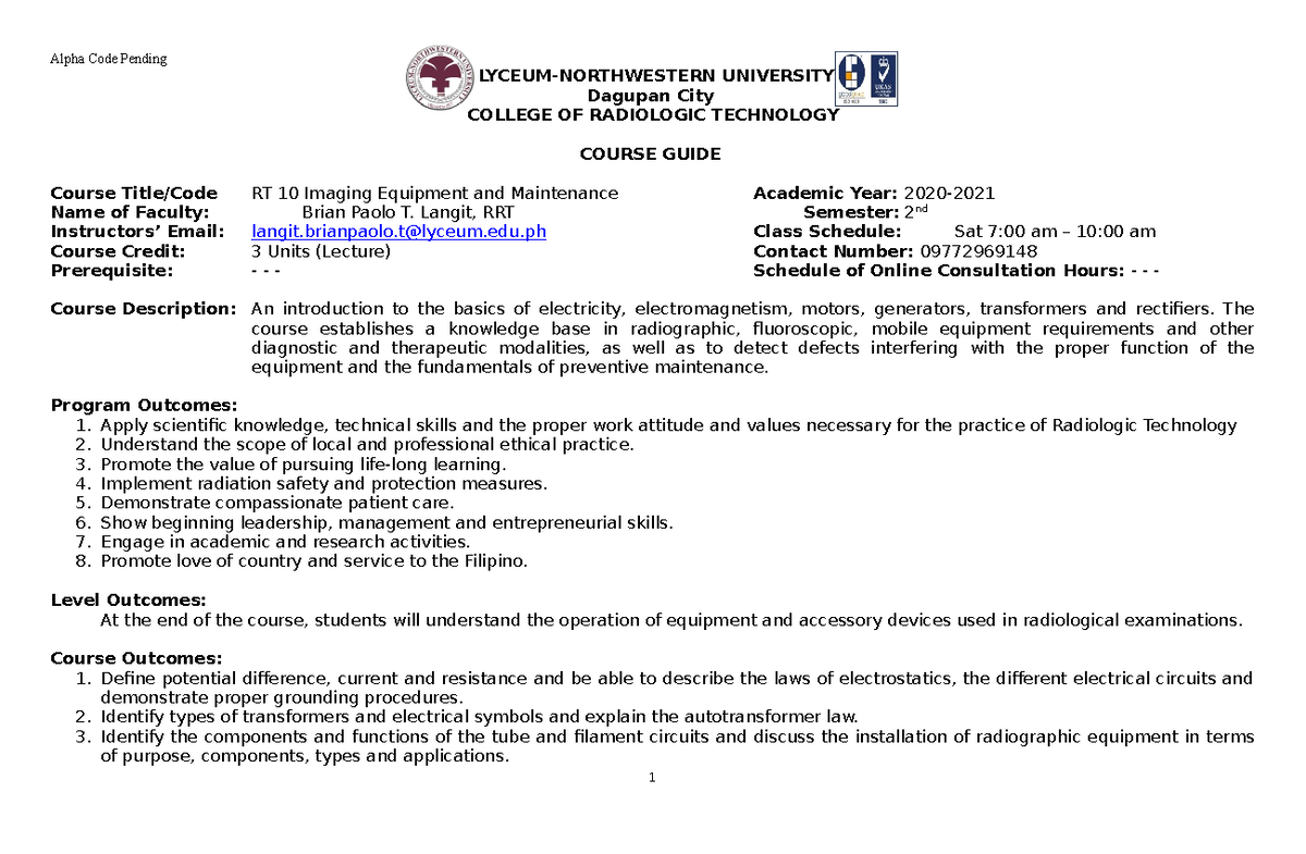 Course Guide (Imaging Equipment and Maintenance) LYCEUMNORTHWESTERN