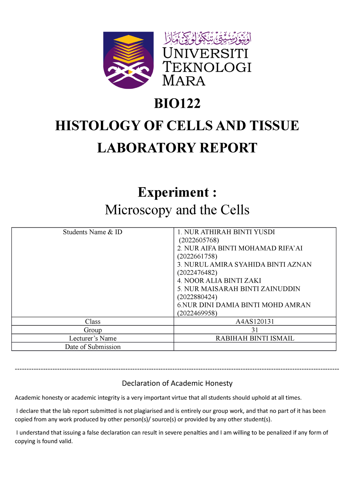 BIO122 Experiment 1 LAB Report - BIO HISTOLOGY OF CELLS AND TISSUE ...