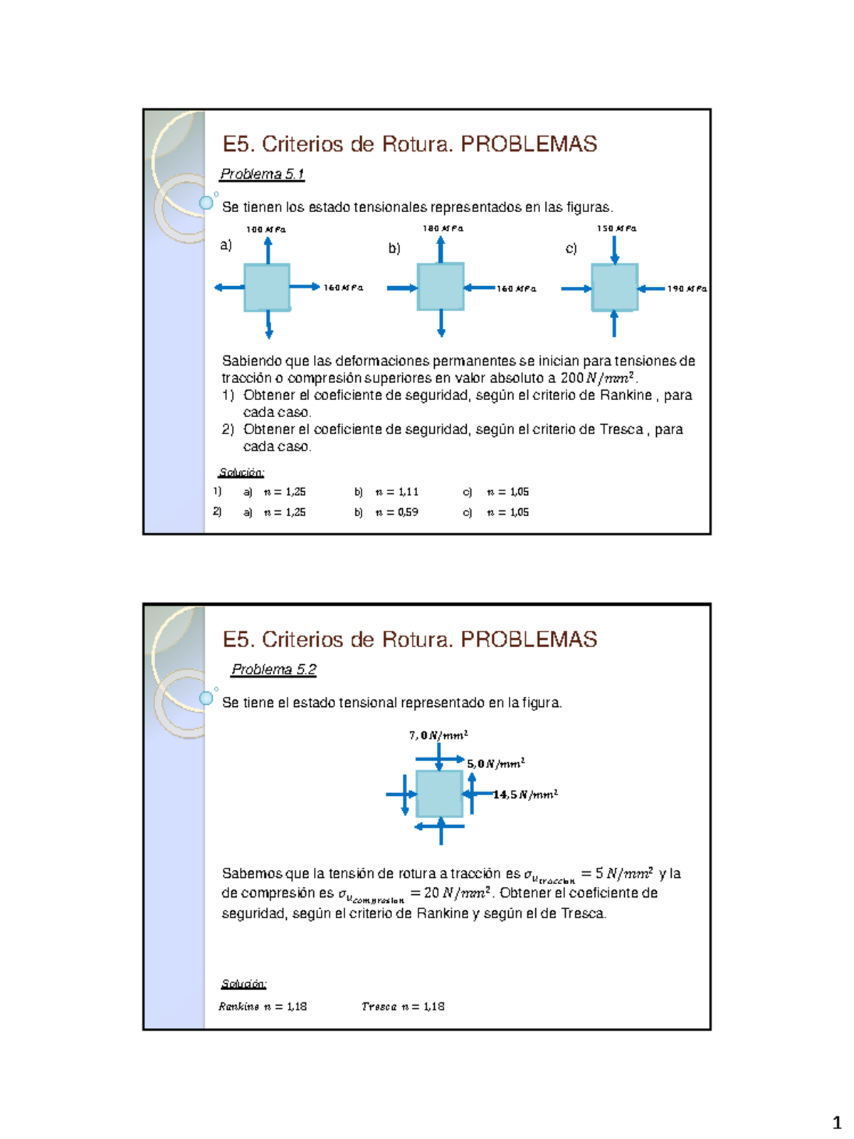 E5 Criterios de rotura. Problemas Se tienen los estado tensionales