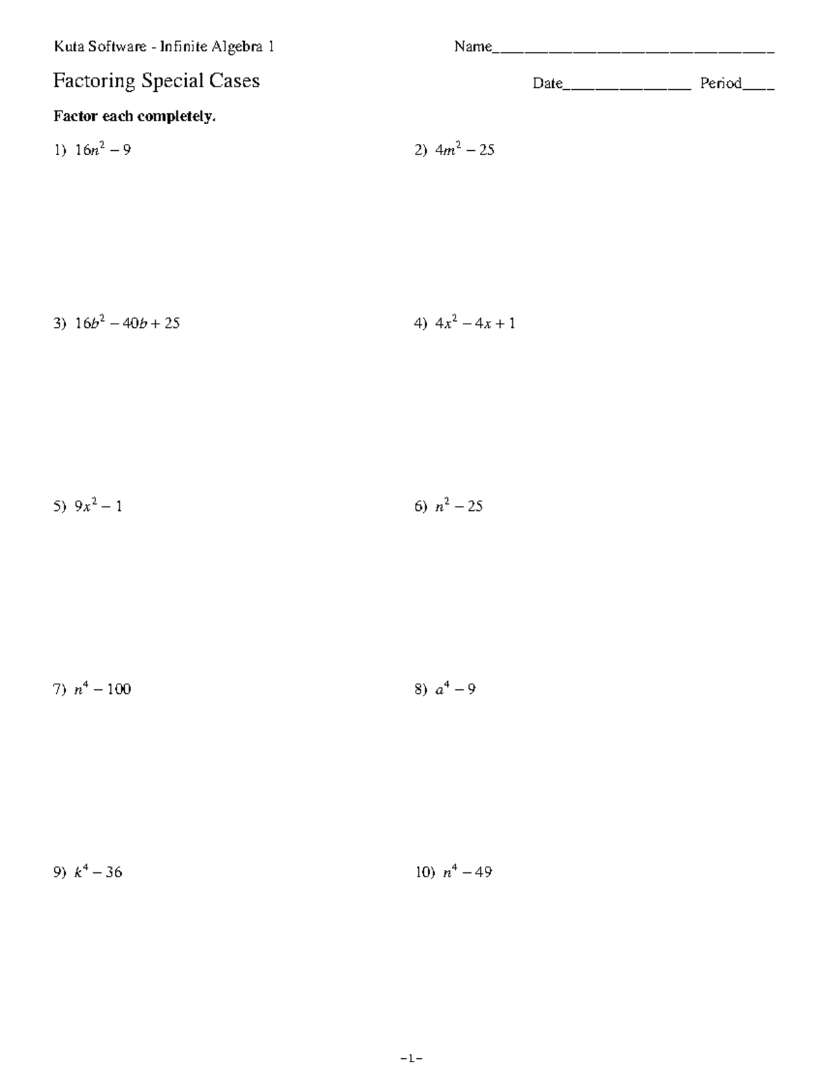 Factoring special cases futa worksheet + Answers!!! - ©R Z 2 c 0 x 1 C ...