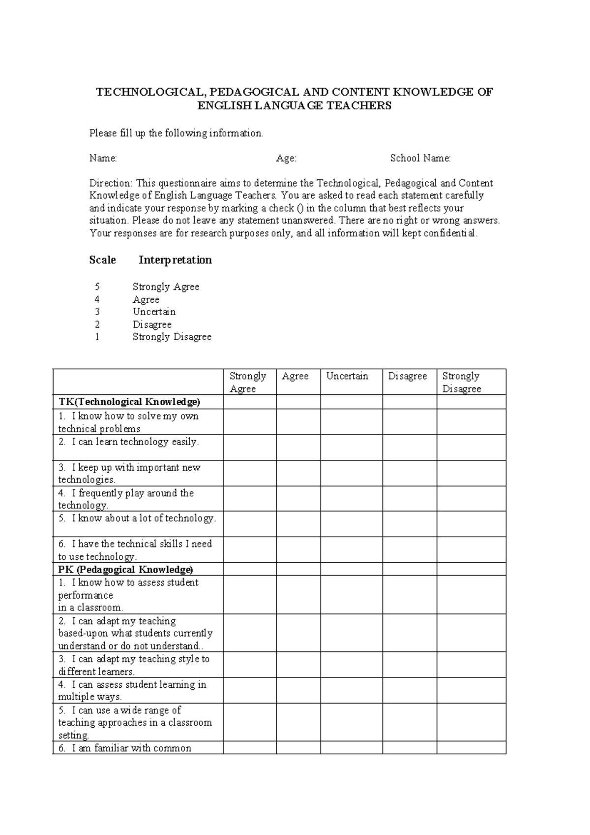 Test questionnaires - Review Test - TECHNOLOGICAL, PEDAGOGICAL AND ...