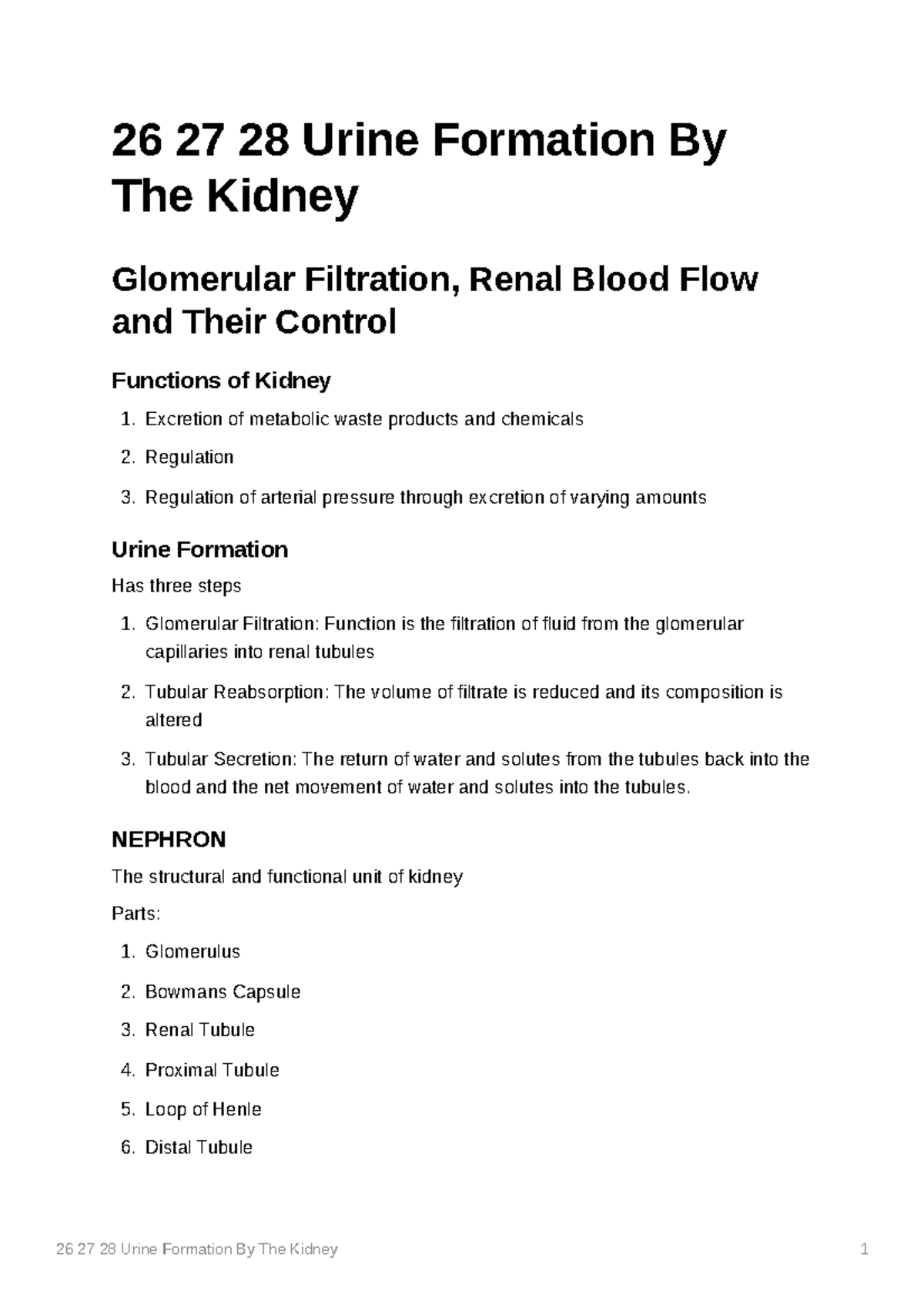 26 27 28 Urine Formation By The Kidney 26 27 28 Urine Formation By