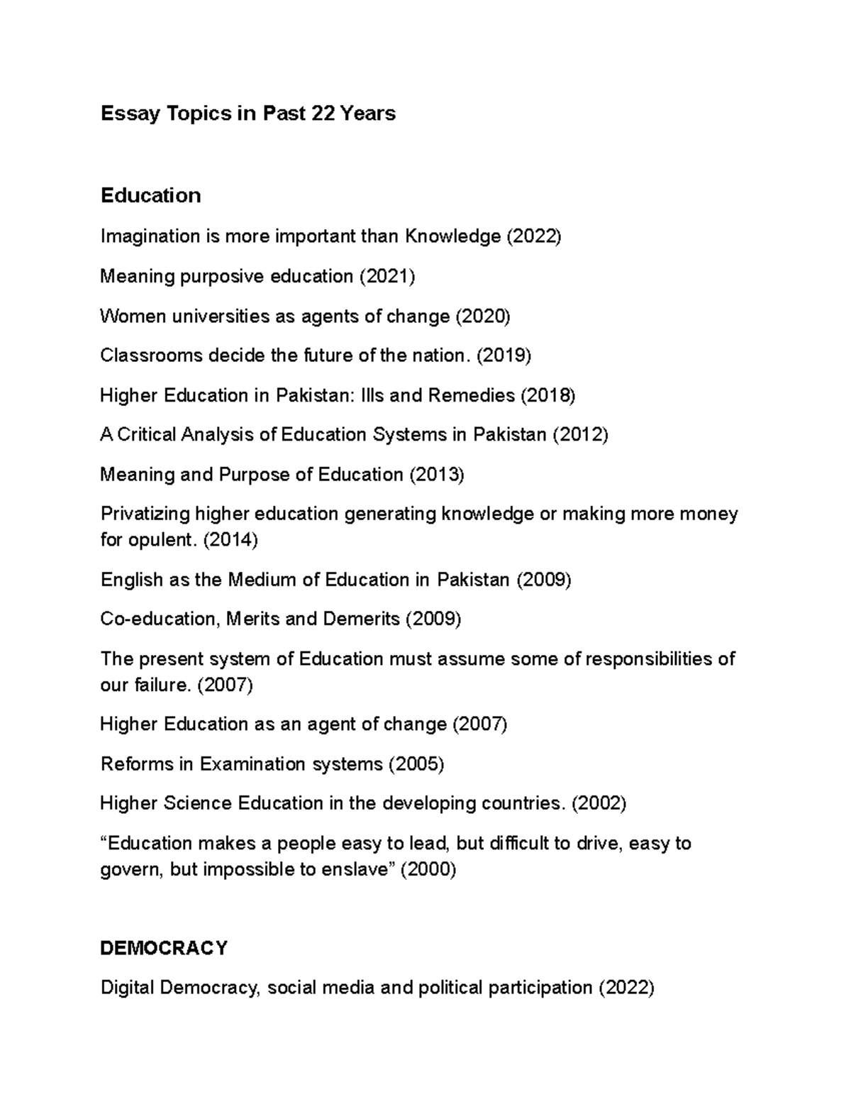 past essay topics