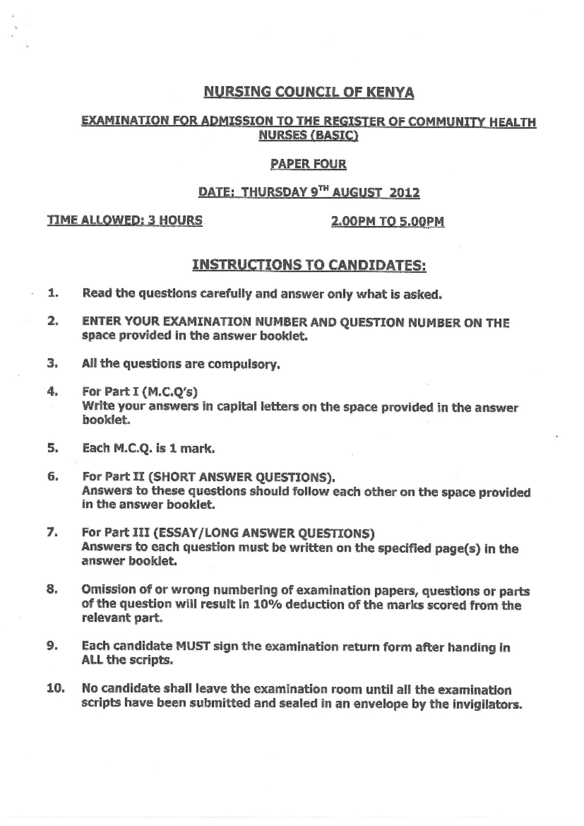 46285nckexam past papers NURSING COUNCIL OF KENYA EXAMINATION FOR