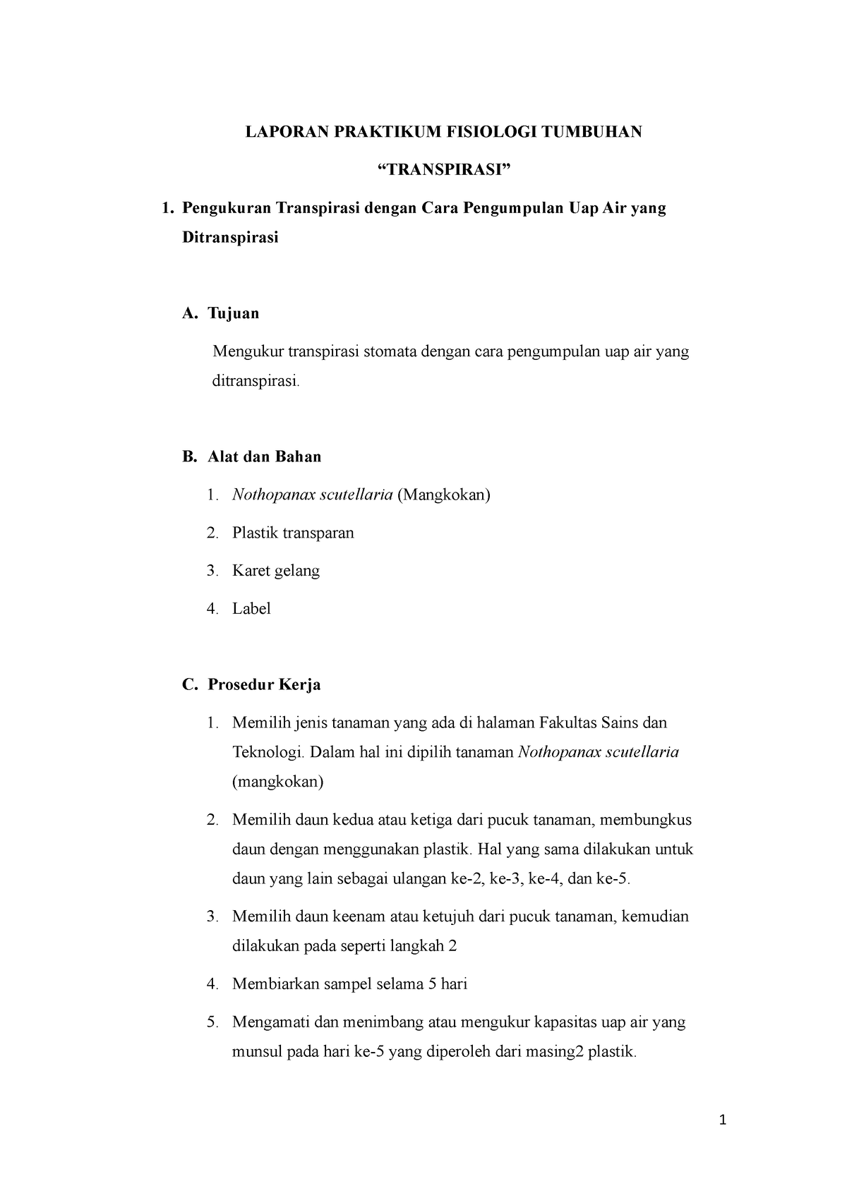 Laporan Praktikum Fisiologi Tumbuhan Transpirasi Laporan Praktikum