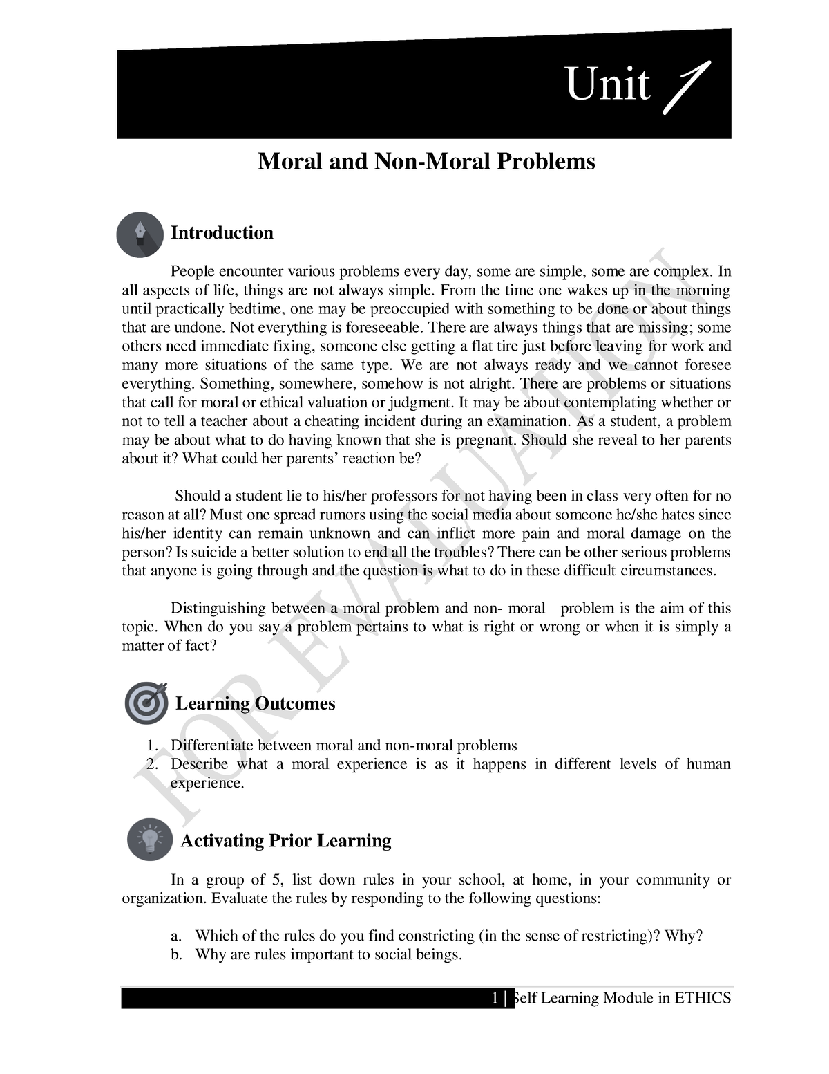 Body - The moral values - Unit I Moral and Non-Moral Problems ...