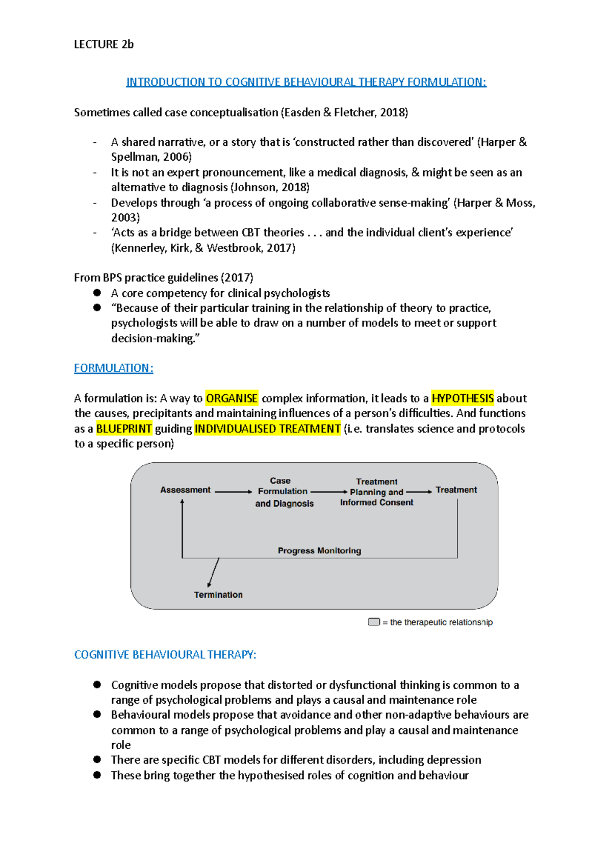 Introduction TO Cognitive Behavioural Therapy Formulation ...