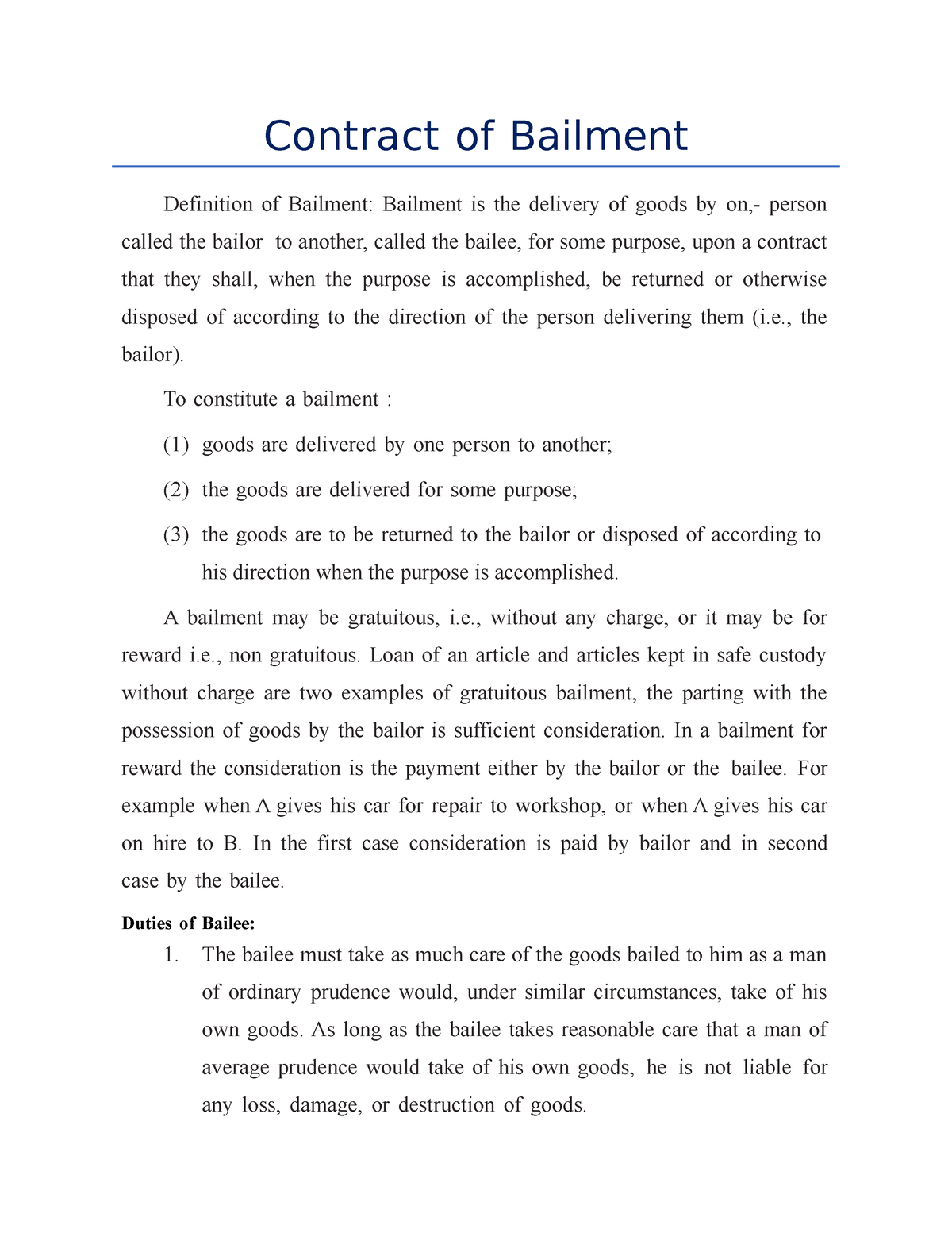 assignment on contract of bailment