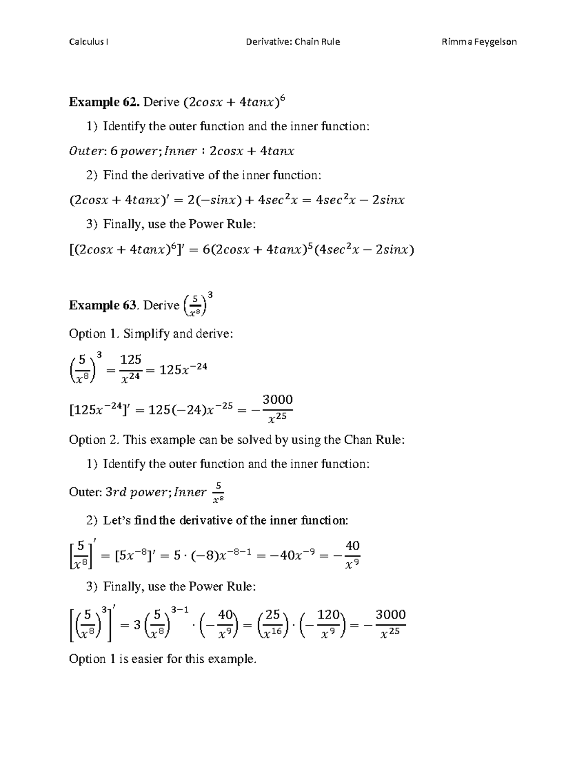 3.6 Chain Rule pt 3 - Calculus I Derivative: Chain Rule Rimma Feygelson ...