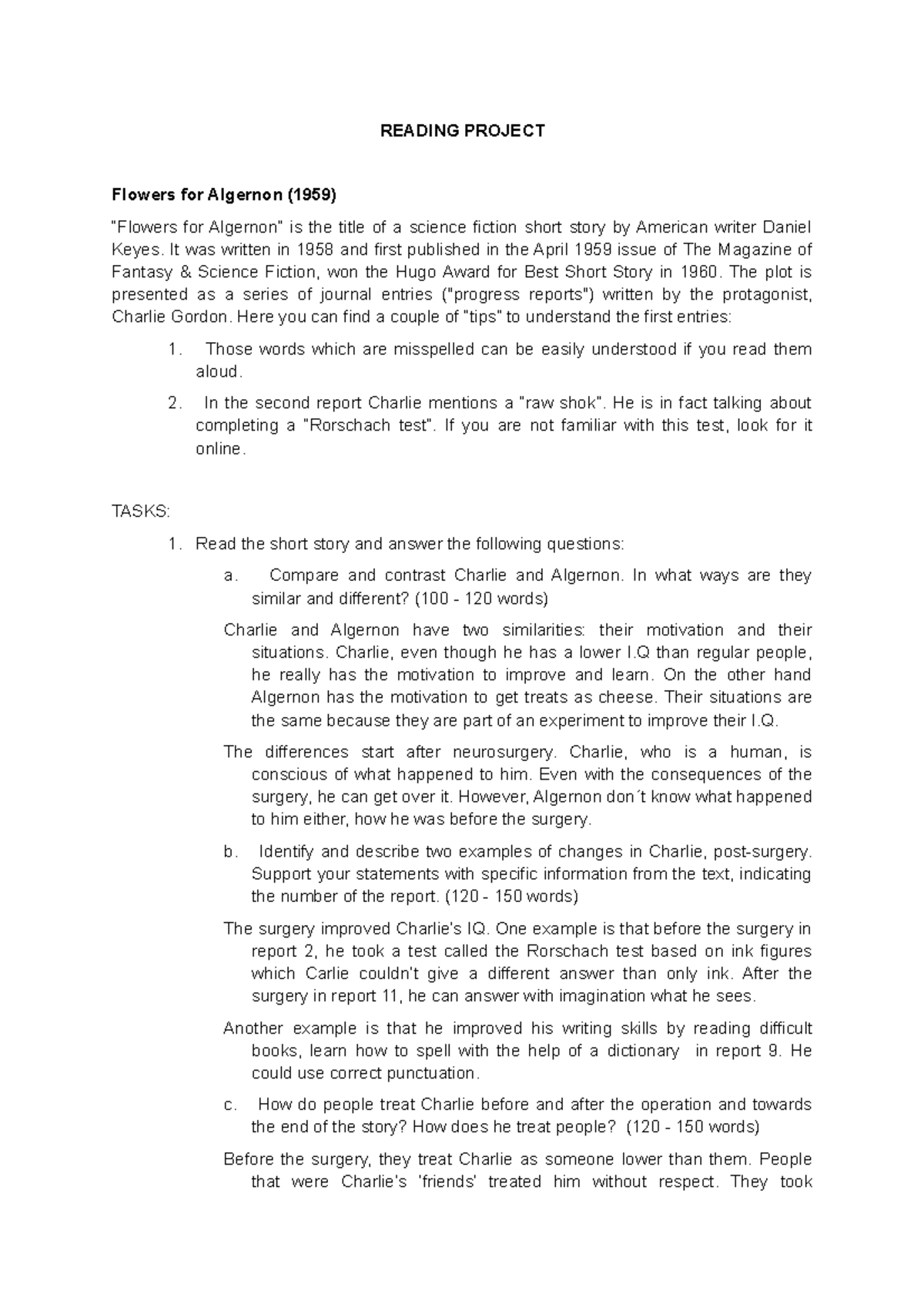 Reading Project flowers for algernon READING PROJECT Flowers for