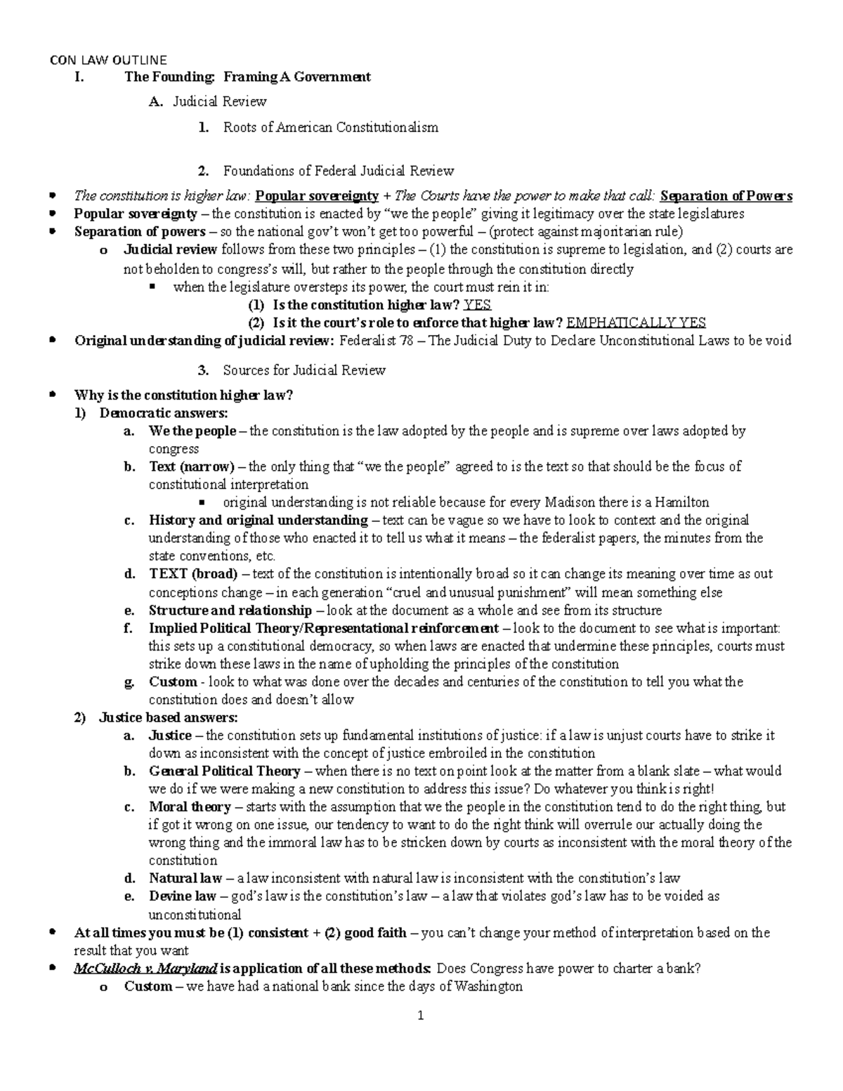 Constitutional Law Outline - 1 - I. The Founding: Framing A Government ...