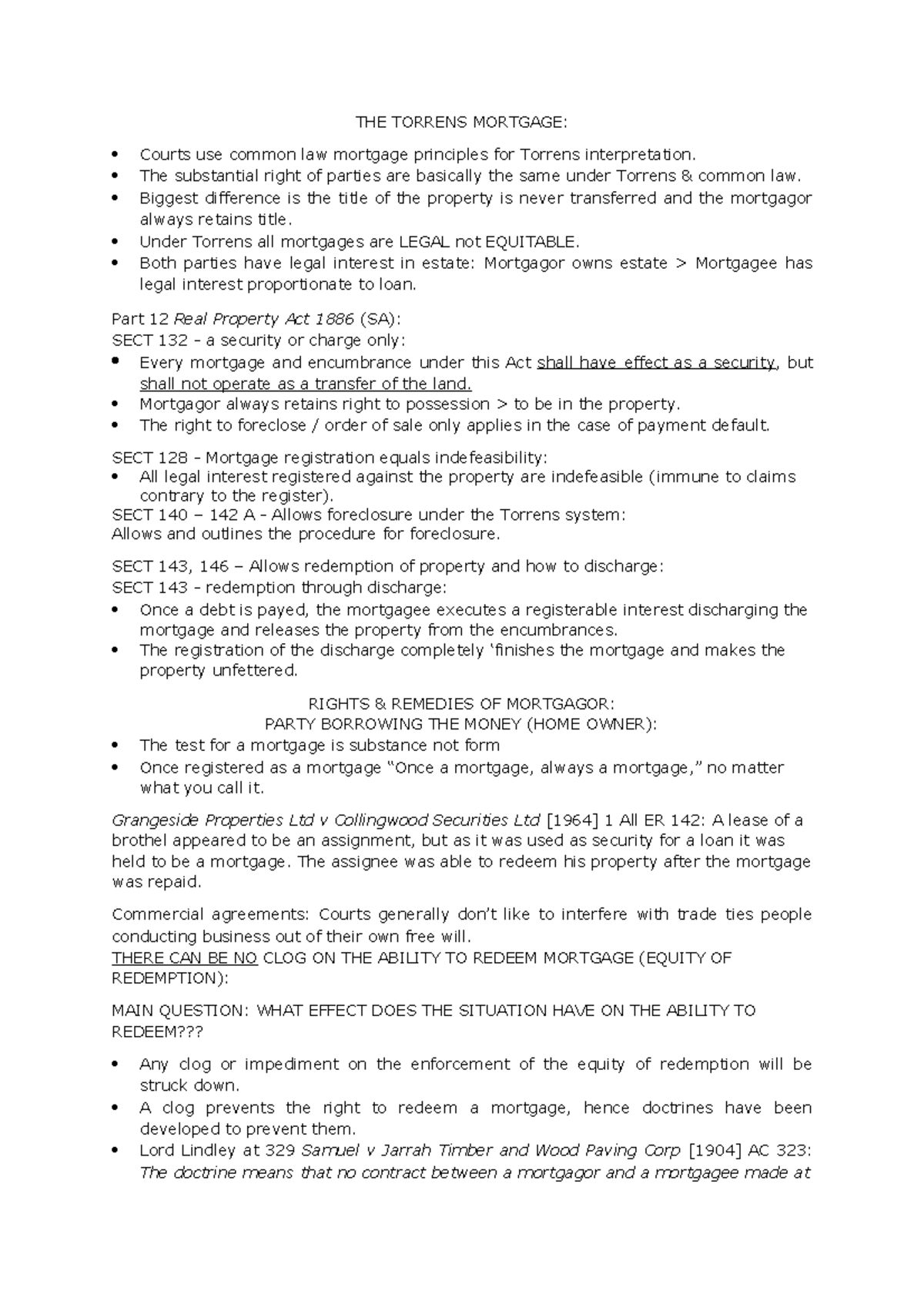 Land law exam notes THE TORRENS MORTGAGE Courts use common law