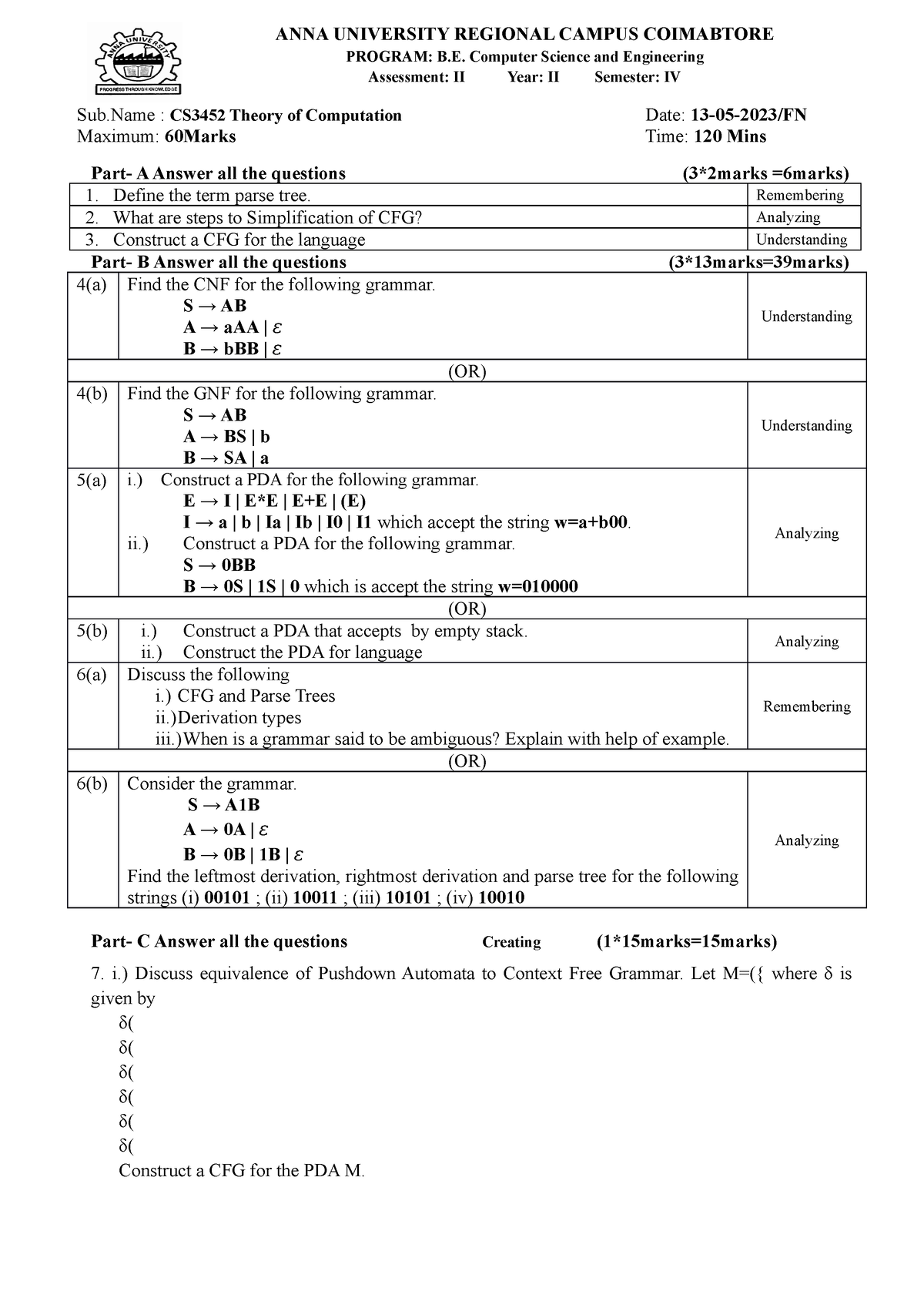 CS3452 Theory Of Computation 2nd Internal - ANNA UNIVERSITY REGIONAL ...