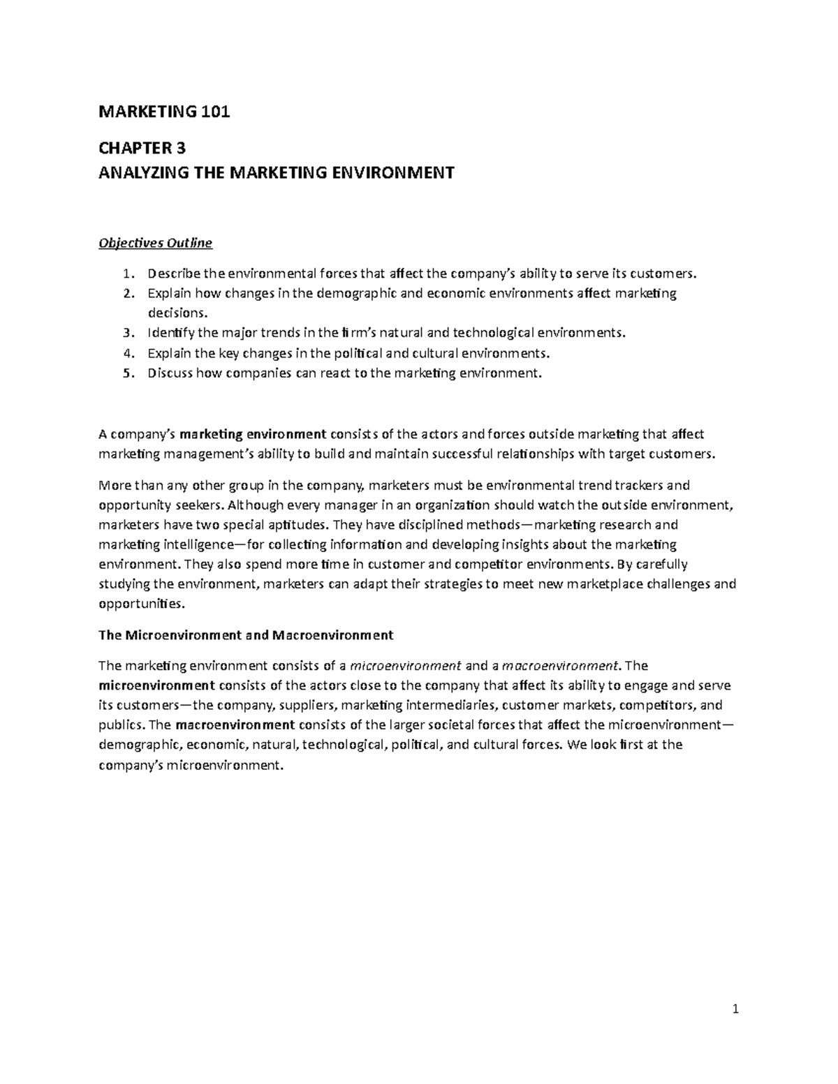 Marketing - Summary Chapter 3 - MARKETING 101 CHAPTER 3 ANALYZING THE ...