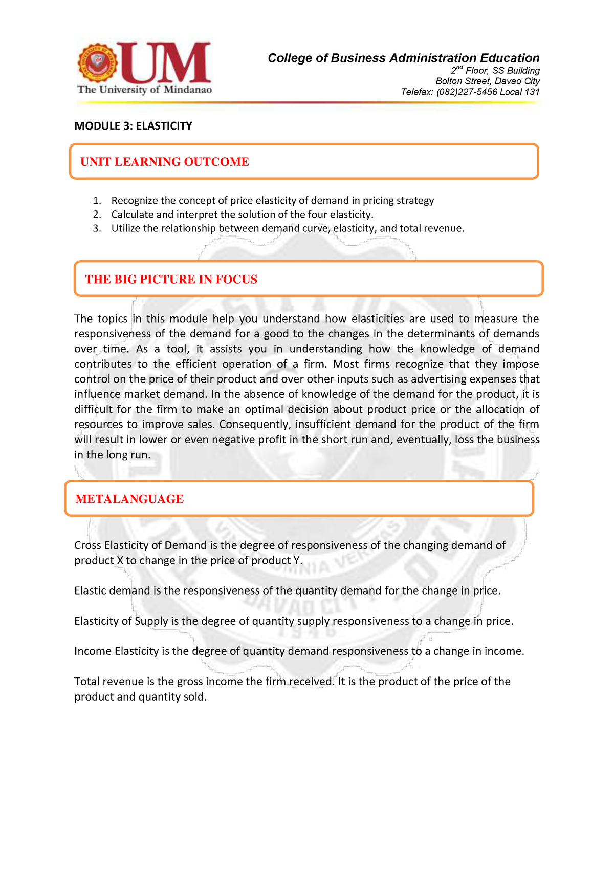 Module 3 Elasticities- Manecon - 2 nd Floor, SS Building Bolton Street ...