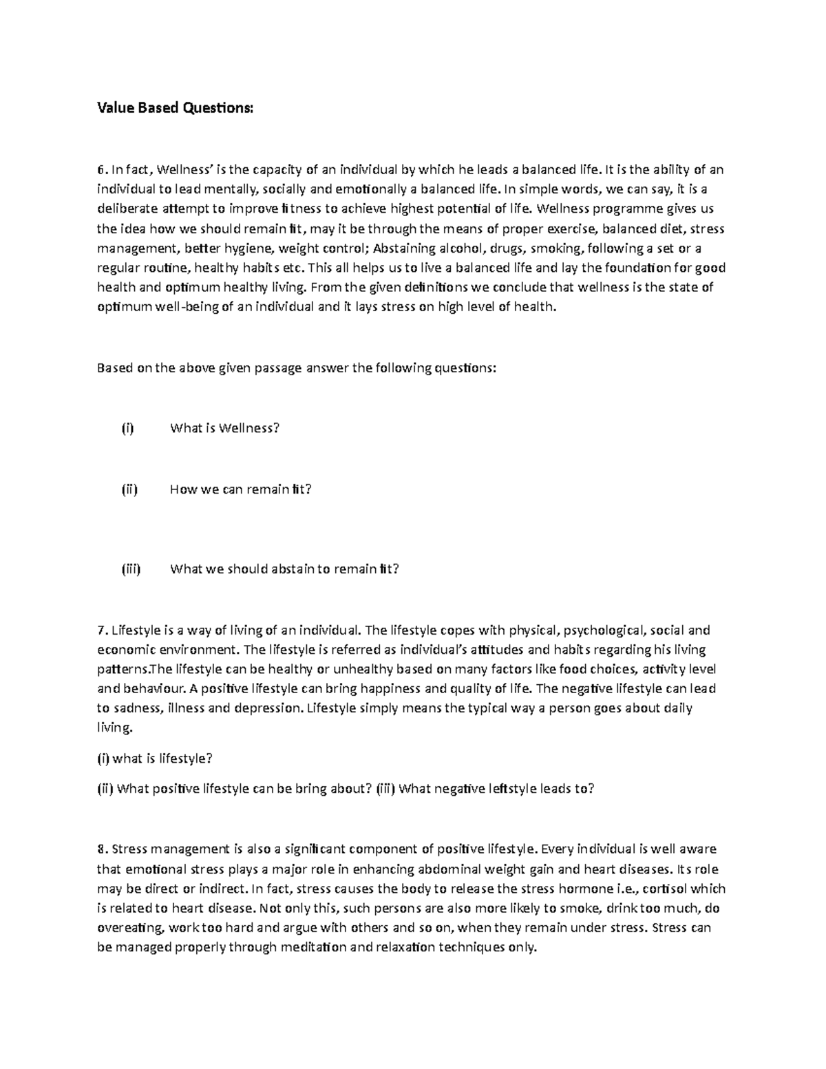 Physical wellness practice set Value Based Questions In fact