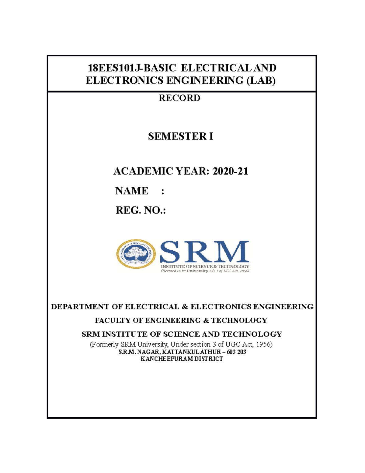 18EES101J -BEEE LAB Manual List Of Experiments 1 To 12 - 18EES101J ...