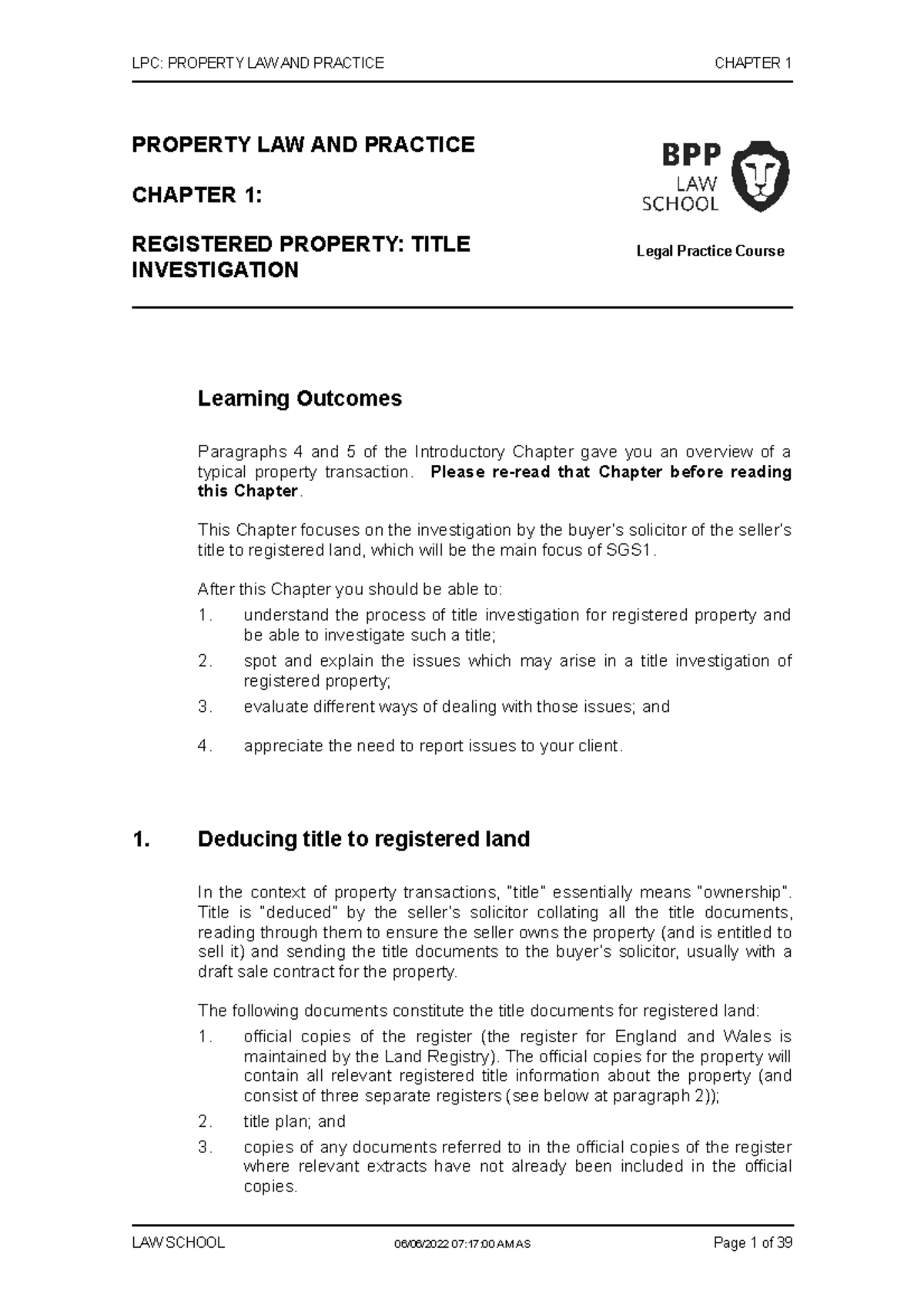 Property Chapter 1 2223 LPC PROPERTY LAW AND PRACTICE CHAPTER 1