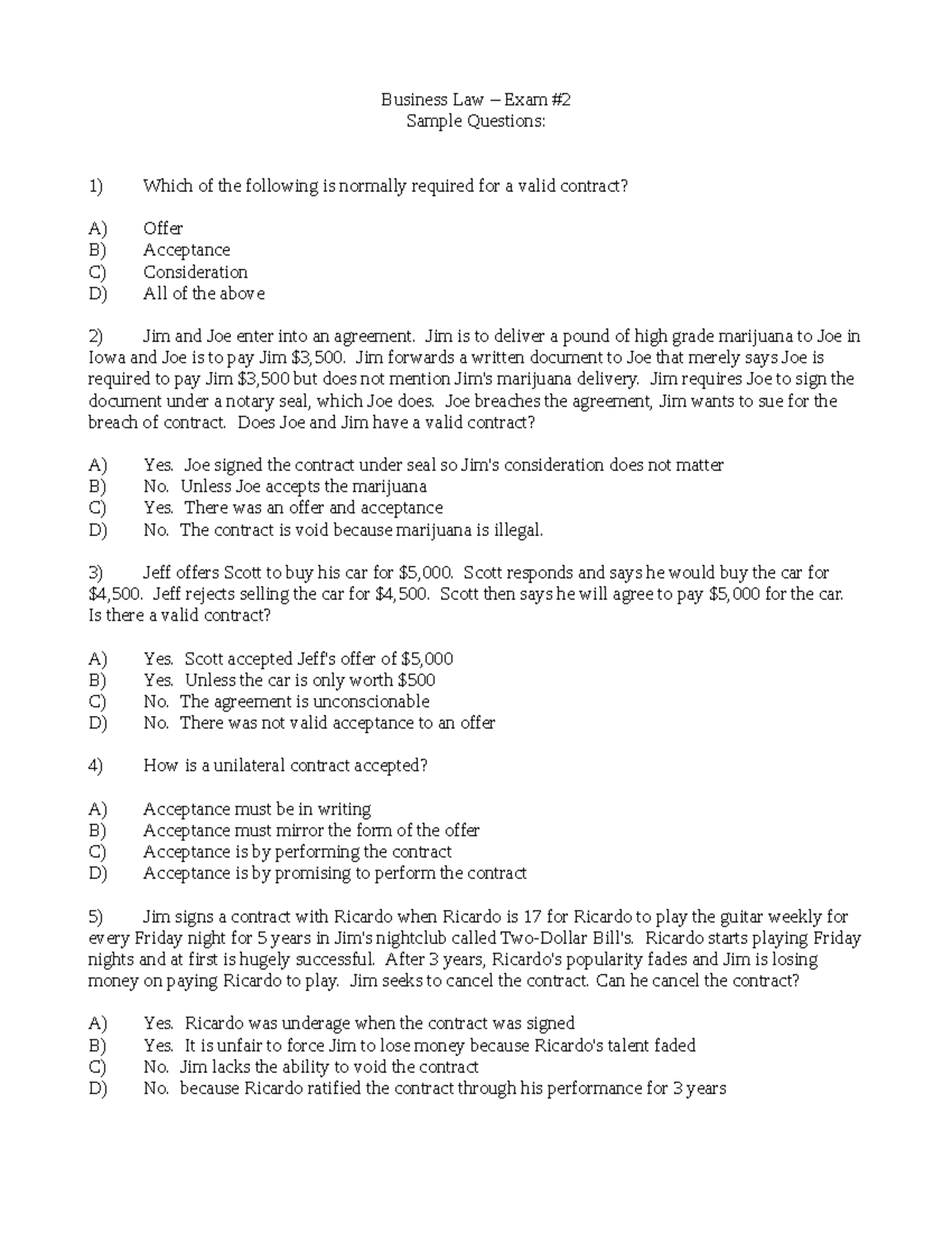 Sample questions exam 2 Business Law Exam Sample Questions Which