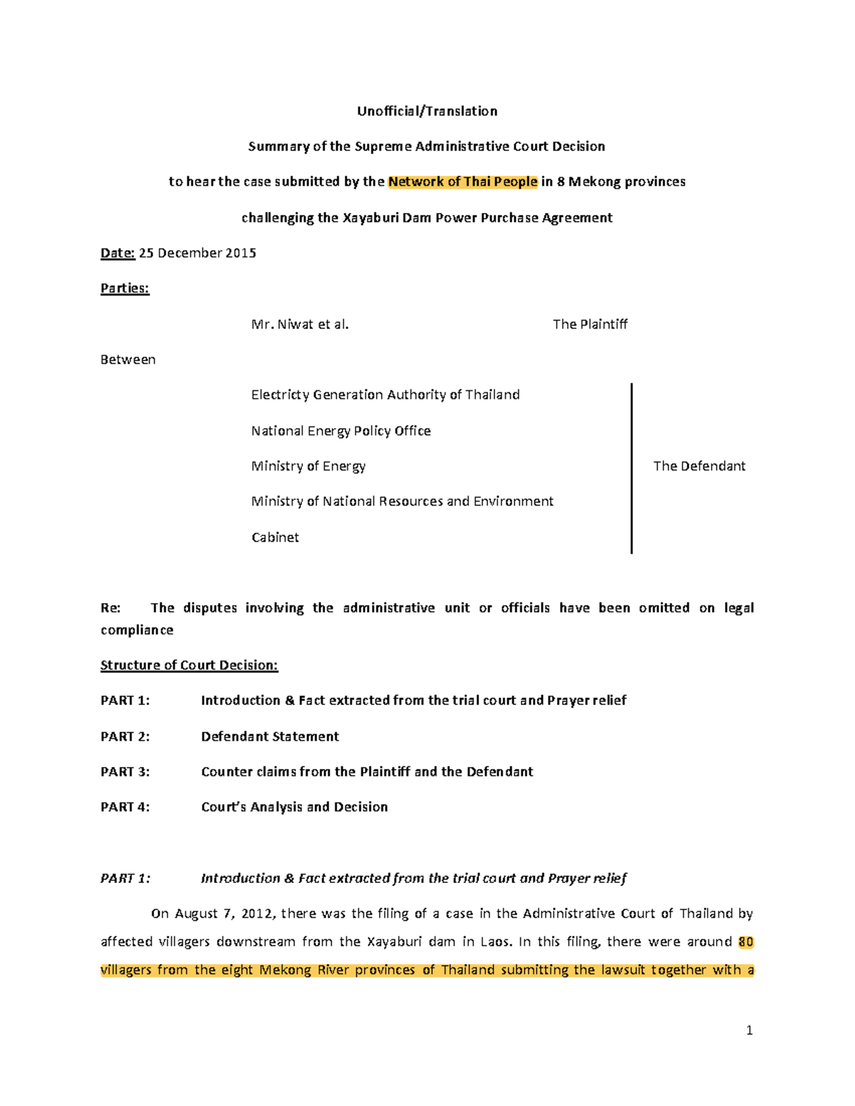Xayaburi-Court Decision - Unofficial/Translation Summary of the Supreme ...