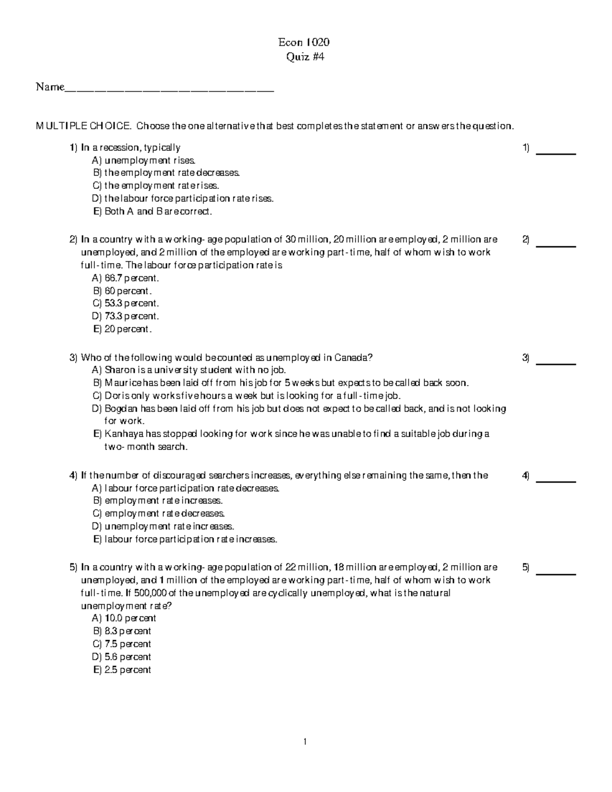 1020 Quiz #4A - Chapter 4 Quiz - Econ 1020 Quiz Name ...