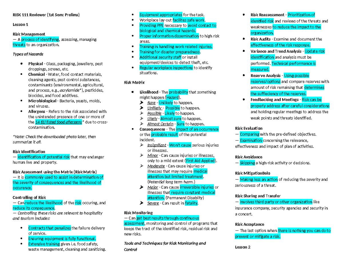 RISK 111 Review-WPS Office - RISK 111 Reviewer (1st Sem: Prelims ...