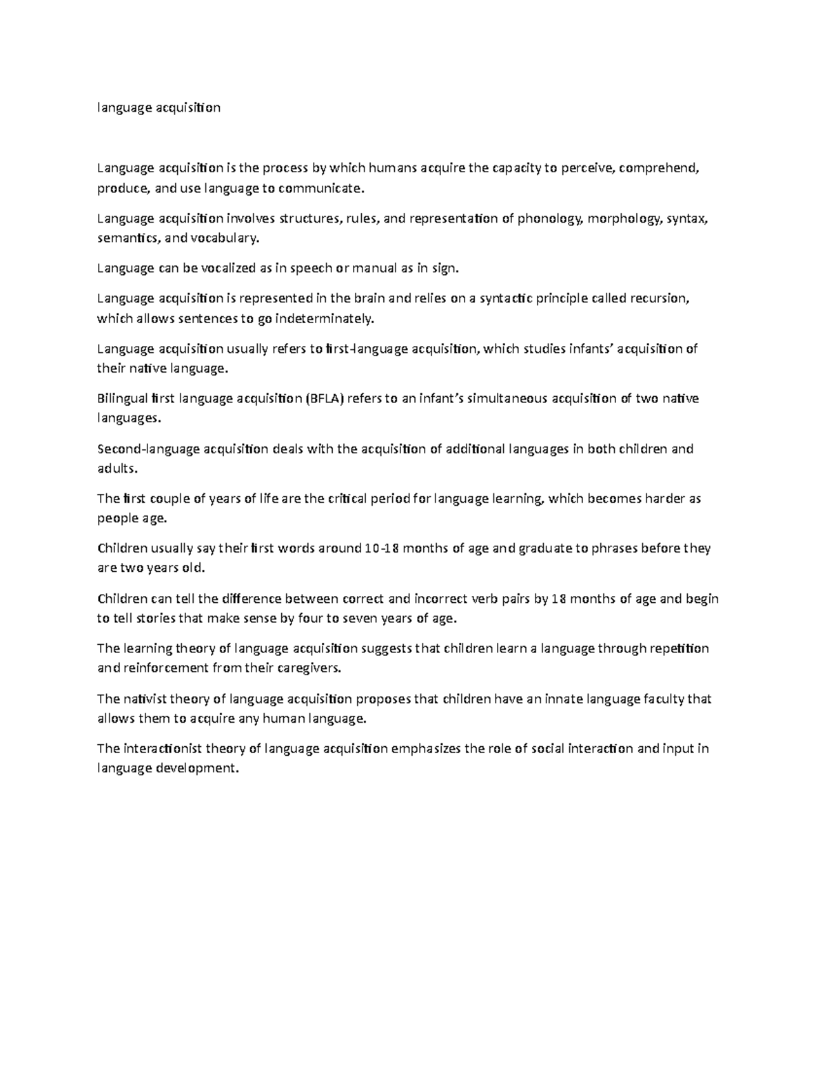 Language acquisition - notes - language acquisition Language ...