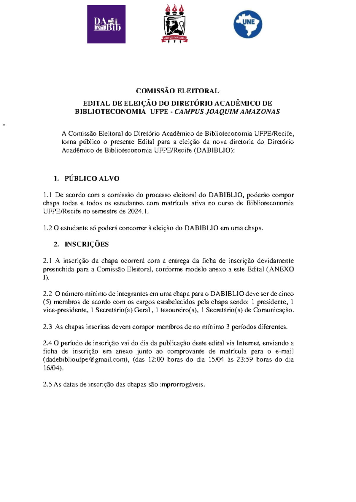 Edital PARA Processo Eleitoral DO Diretório Acadêmico DE ...