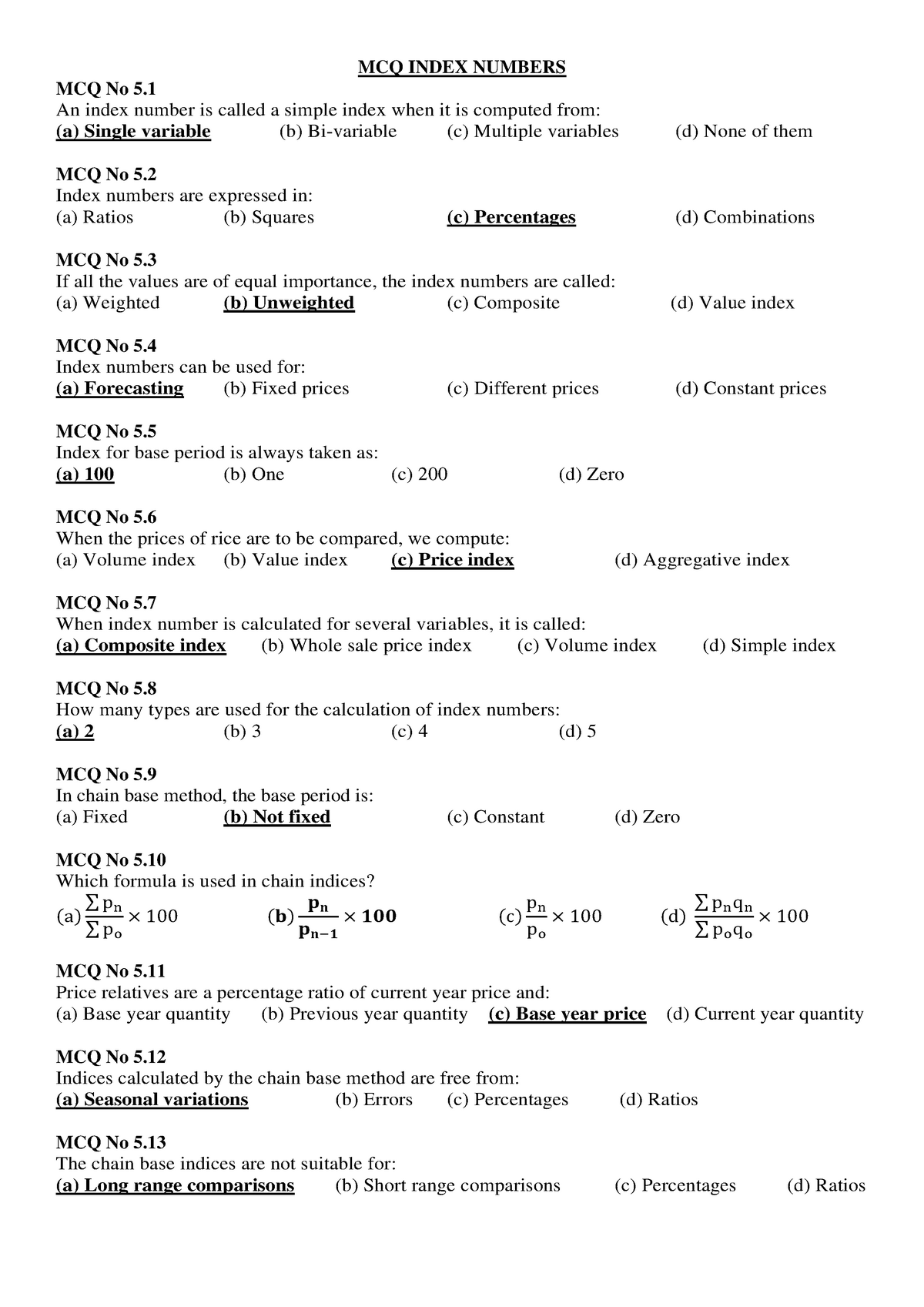 Mcq Index Numbers With Correct Answers - MCQ INDEX NUMBERS MCQ No 5. An ...