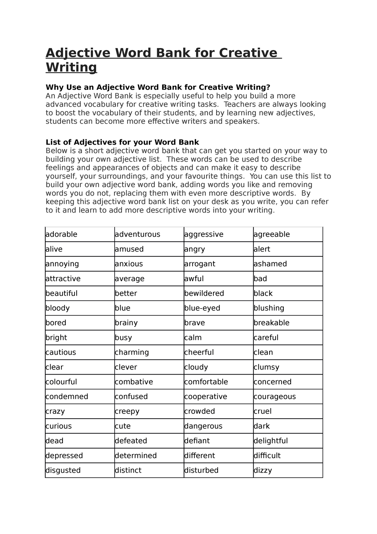 Spring Adjective Word Bank