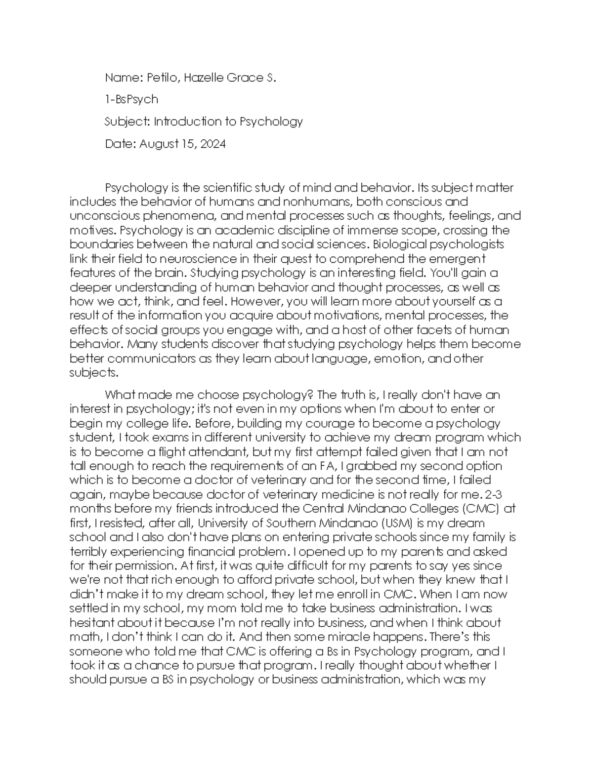 Introduction to Psychology - Name: Petilo, Hazelle Grace S. 1 - BsPsych ...