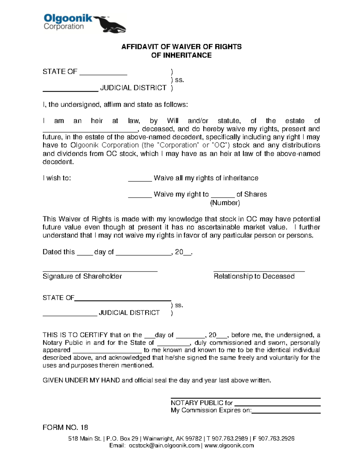 FORM 18 Waiver OF Inheritance - FORM NO. 18 518 Main St. | P. Box 29 ...