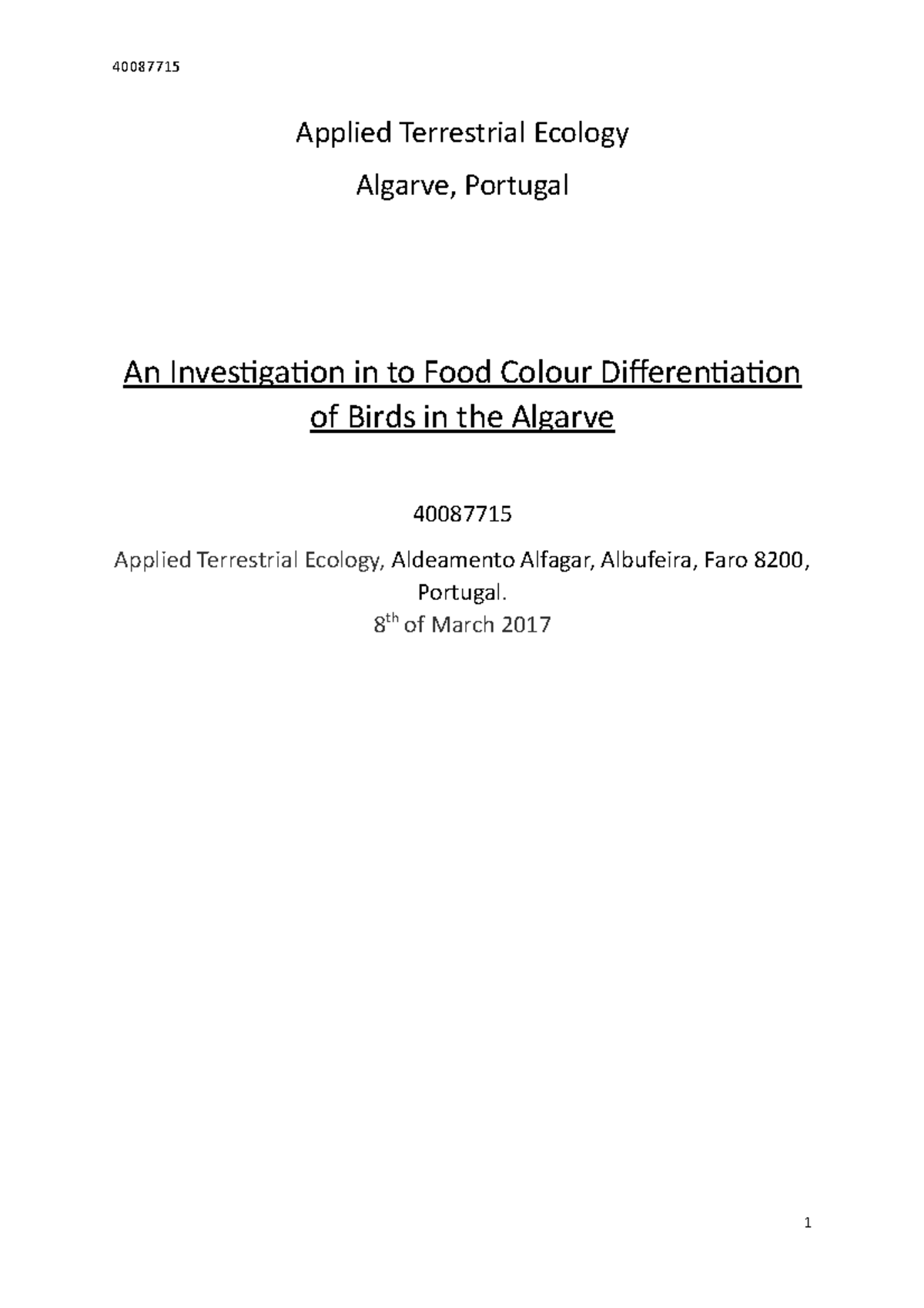 Terestrial ecology report - 40087715 Applied Terrestrial Ecology ...