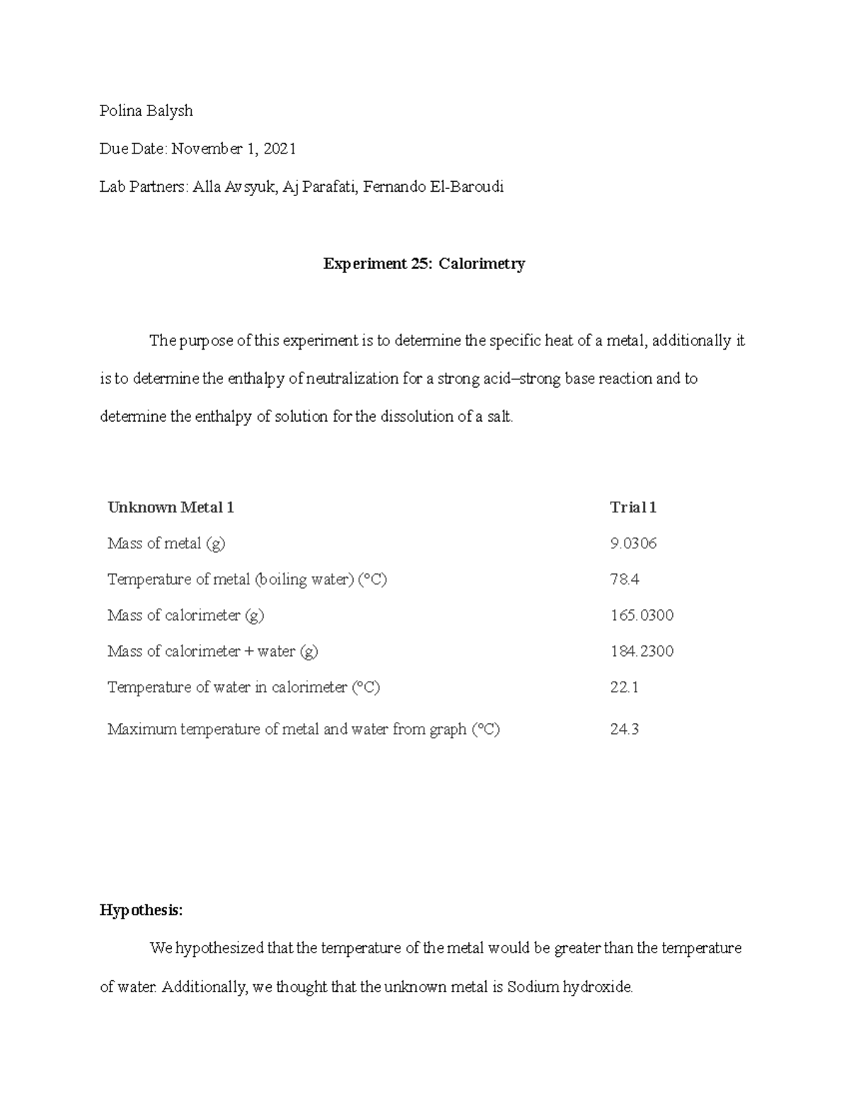 Experiment 25 - Polina Balysh Due Date: November 1, 2021 Lab Partners ...