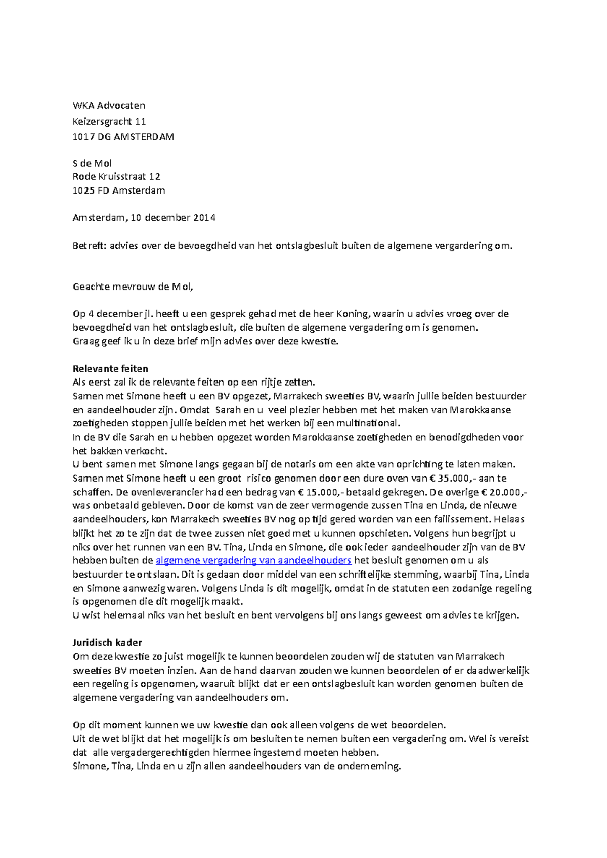 Voorbeeld Adviesbrief  WKA Advocaten Keizersgracht 11 1017 DG