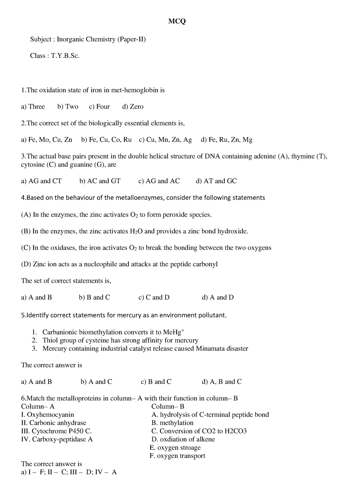 IC-1 - MCQ Subject : Inorganic Chemistry (Paper-II) Class : T.Y.B. 1 ...