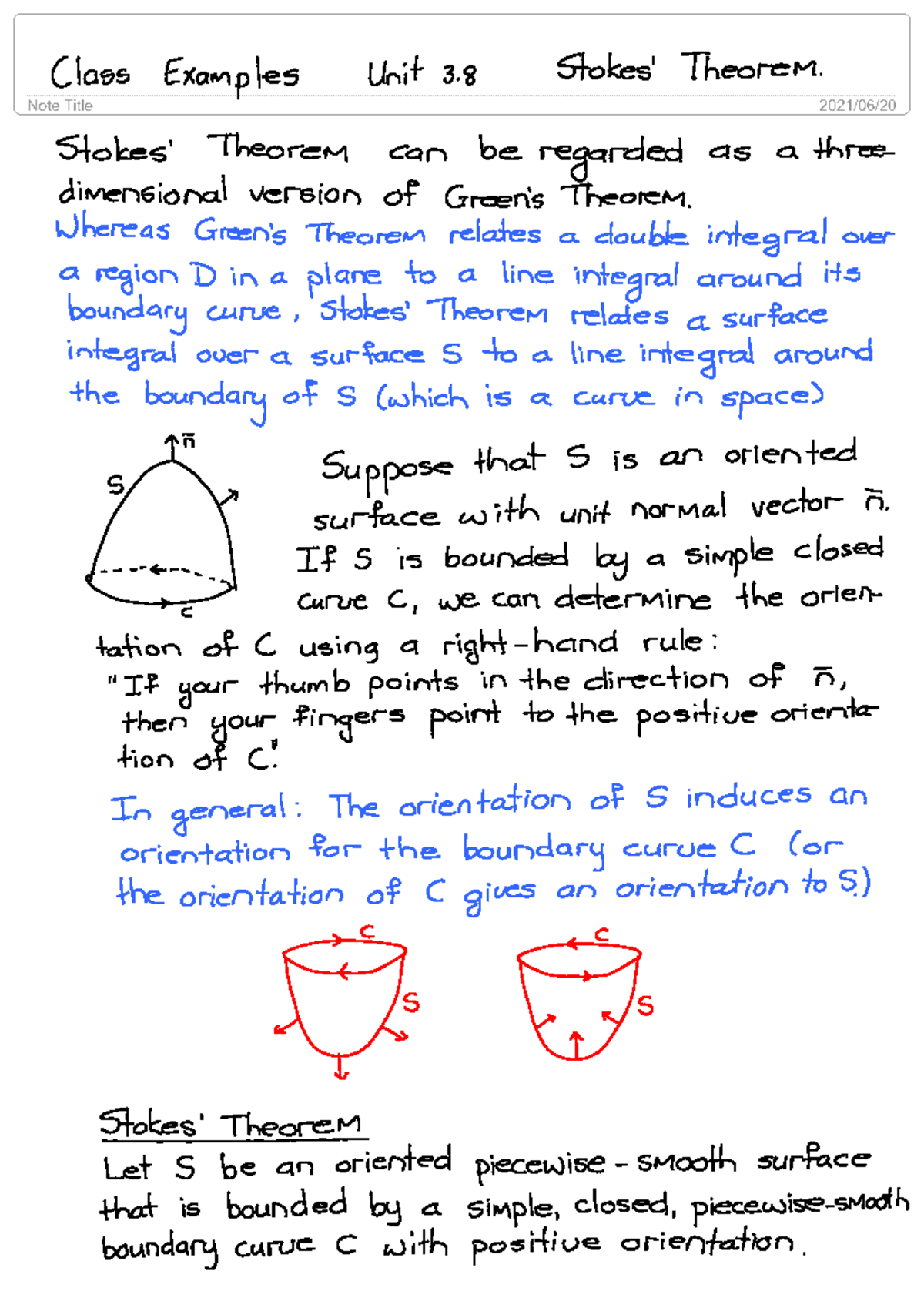 3.8. Stokes' Theorem - Summary Calculus 258 - Class Examples Unit 3 ...