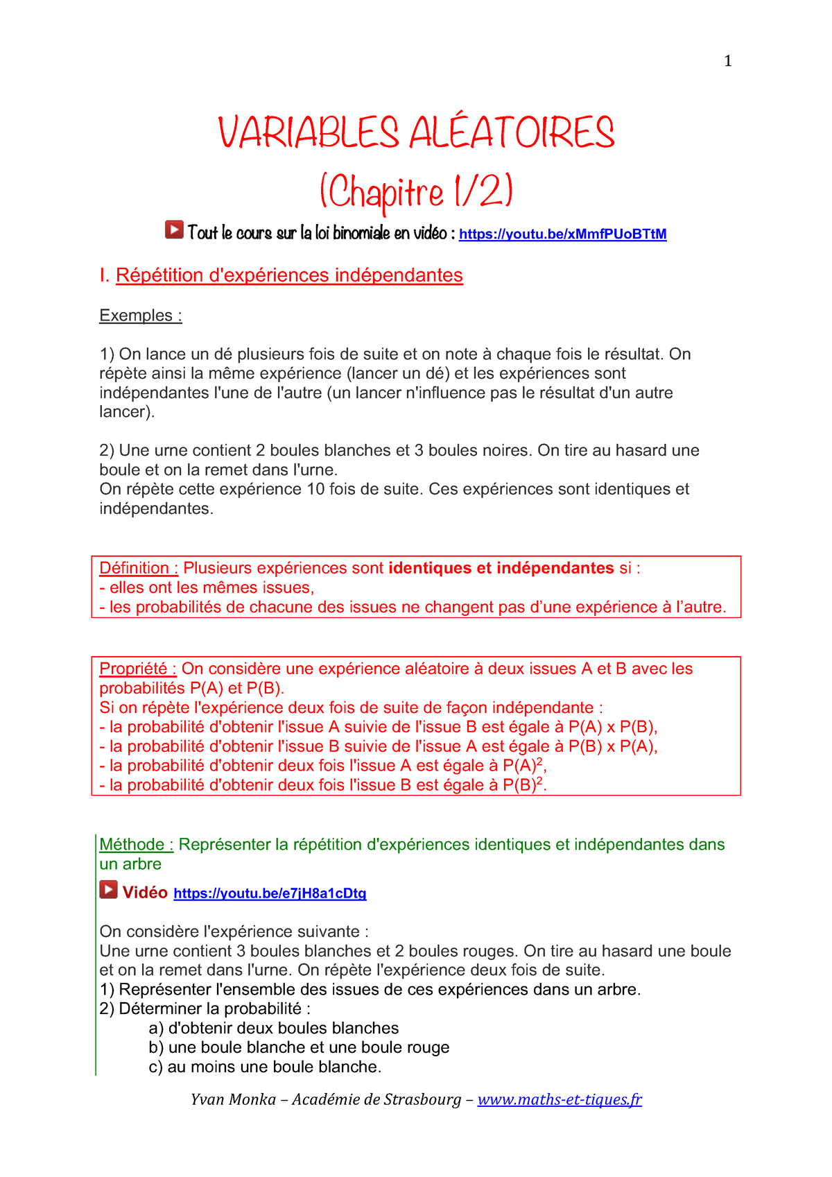 20VA1 - VARIABLES ALÉATOIRES - VARIABLES ALÉATOIRES (Chapitre 1/2) Tout ...