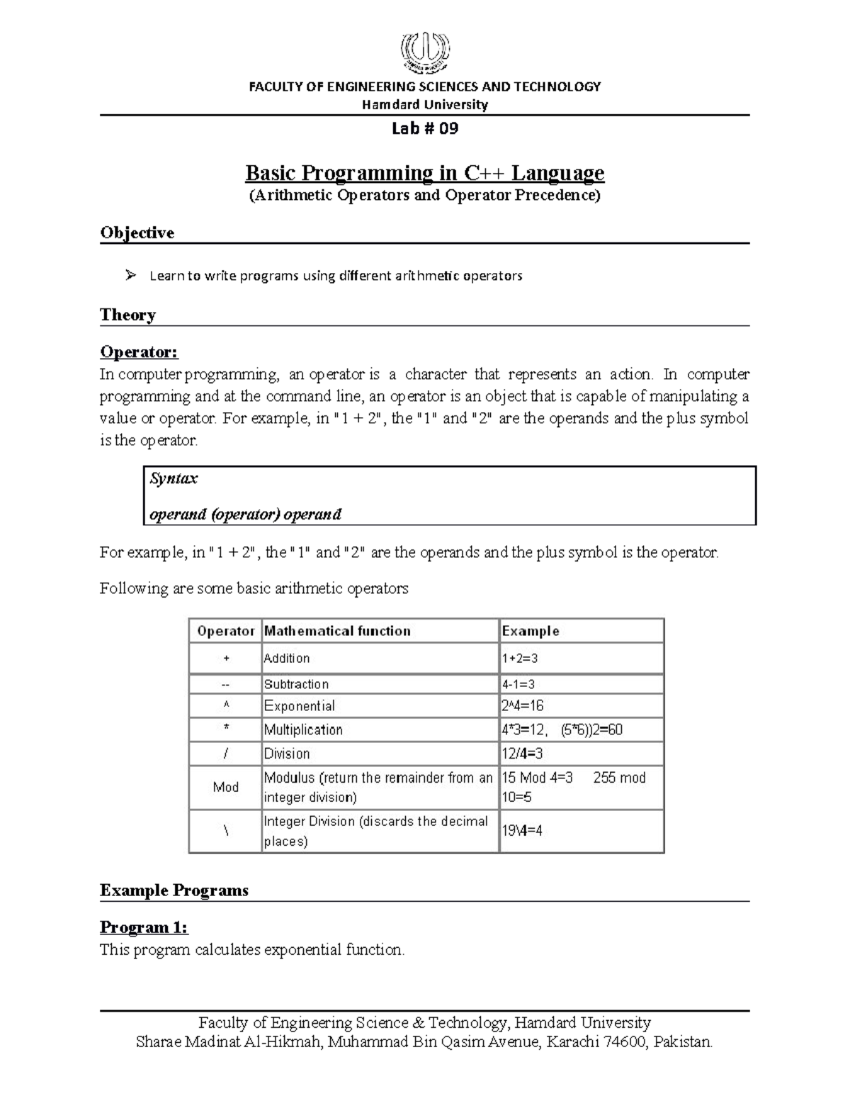 Lab 9 - aaaaaa - Hamdard University Lab # 09 Basic Programming in C++ ...