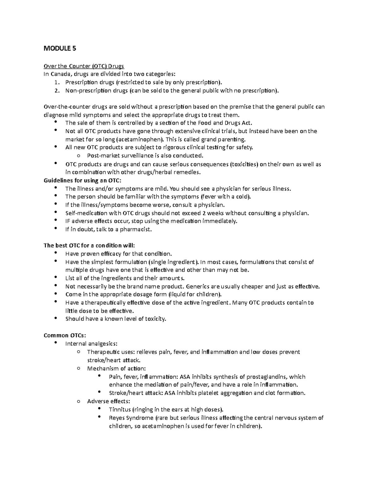 PHAR 100 Module 5 - Notes - MODULE 5 Over the Counter (OTC) Drugs In ...