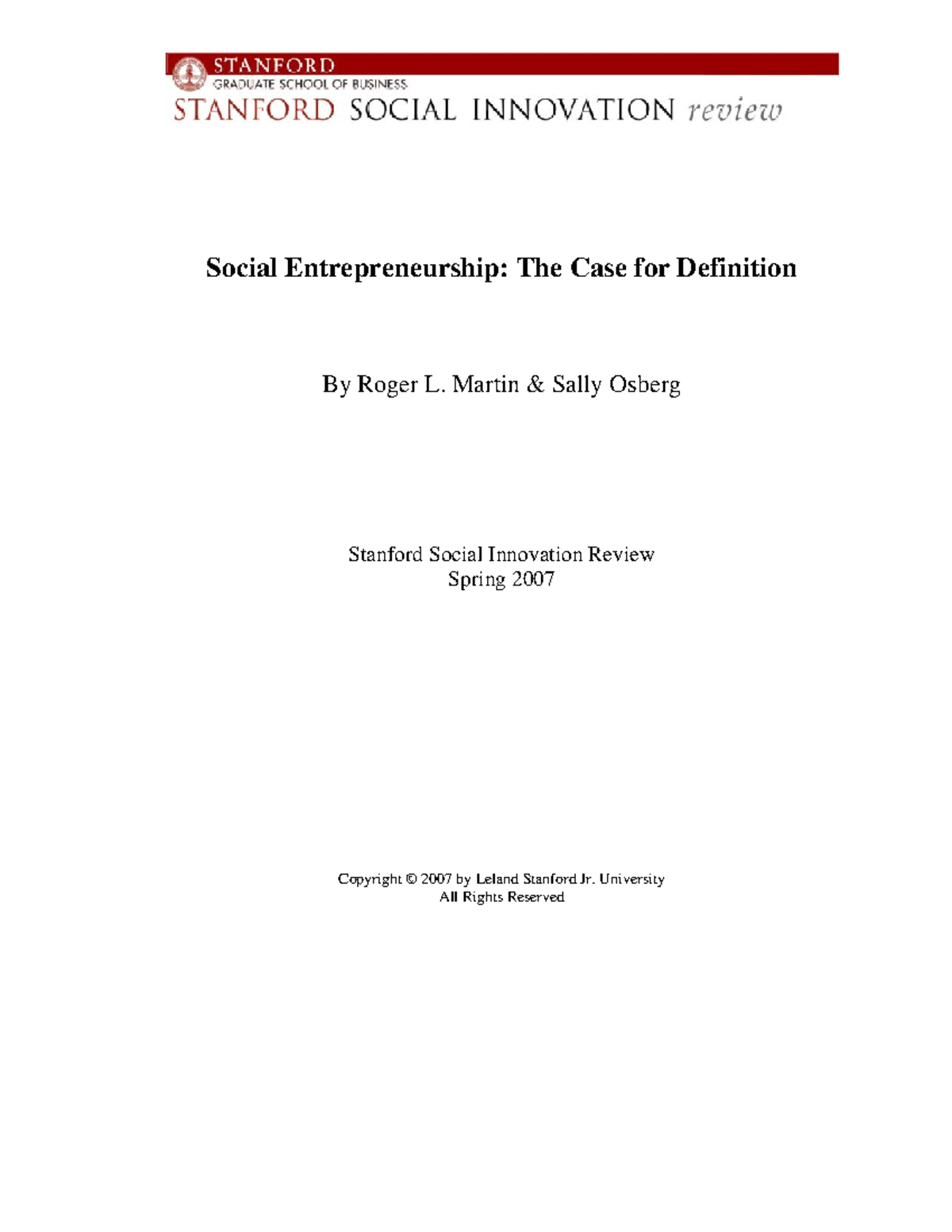 PDF Social Entrepreneurship The Case for Definition - Social ...